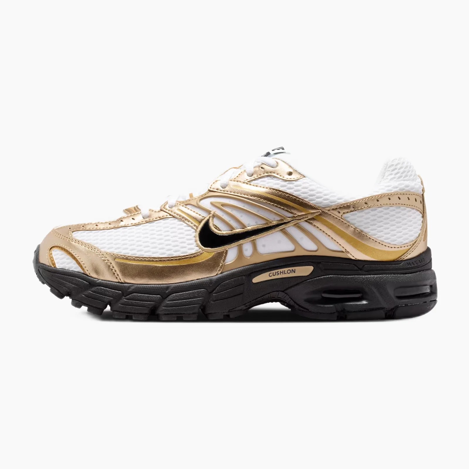 White mesh and metallic gold Nike running shoe with black sole and black swoosh logo on side.