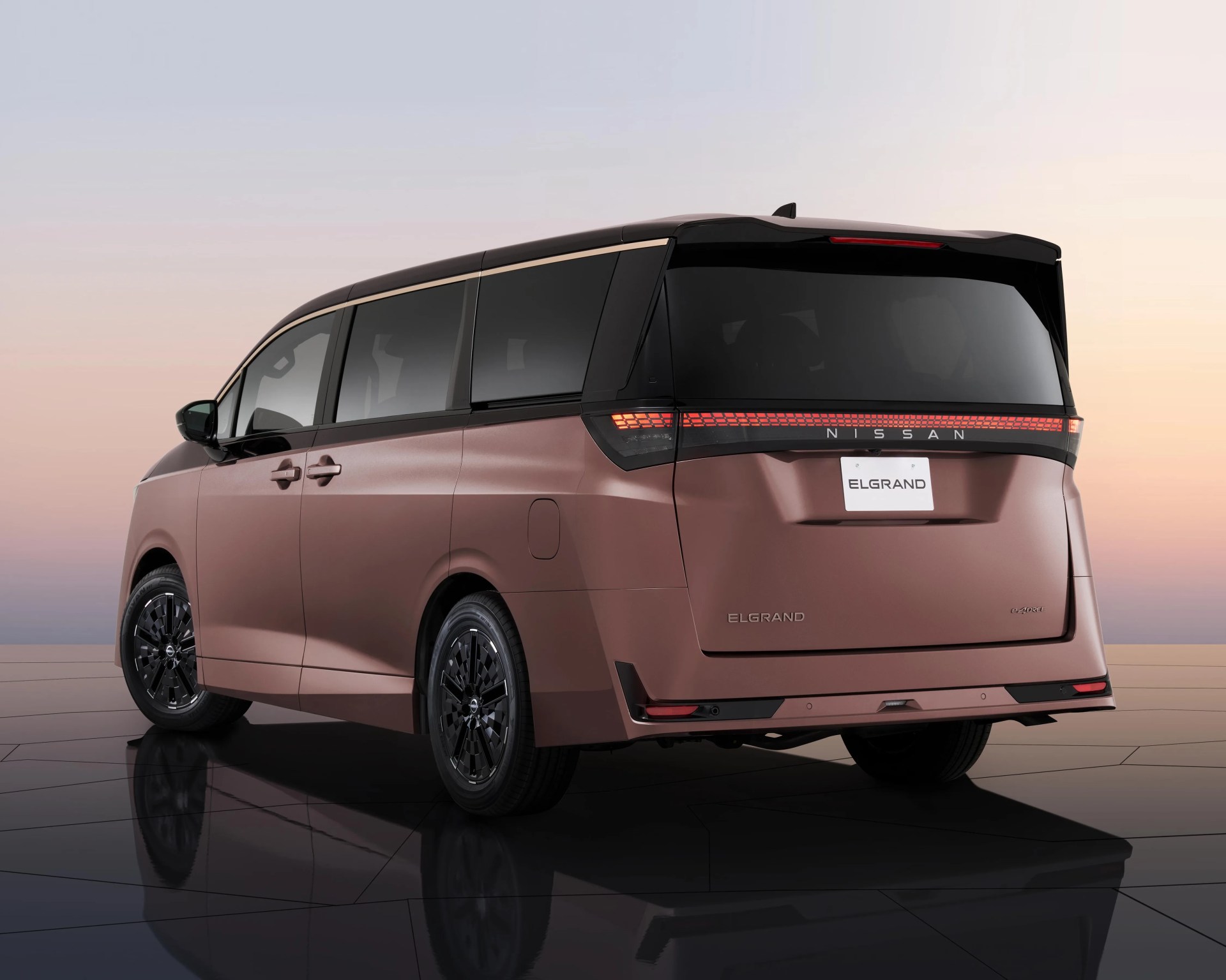 Rear-side view of a brown Nissan Elgrand minivan with black tinted windows and black wheels on a reflective surface.