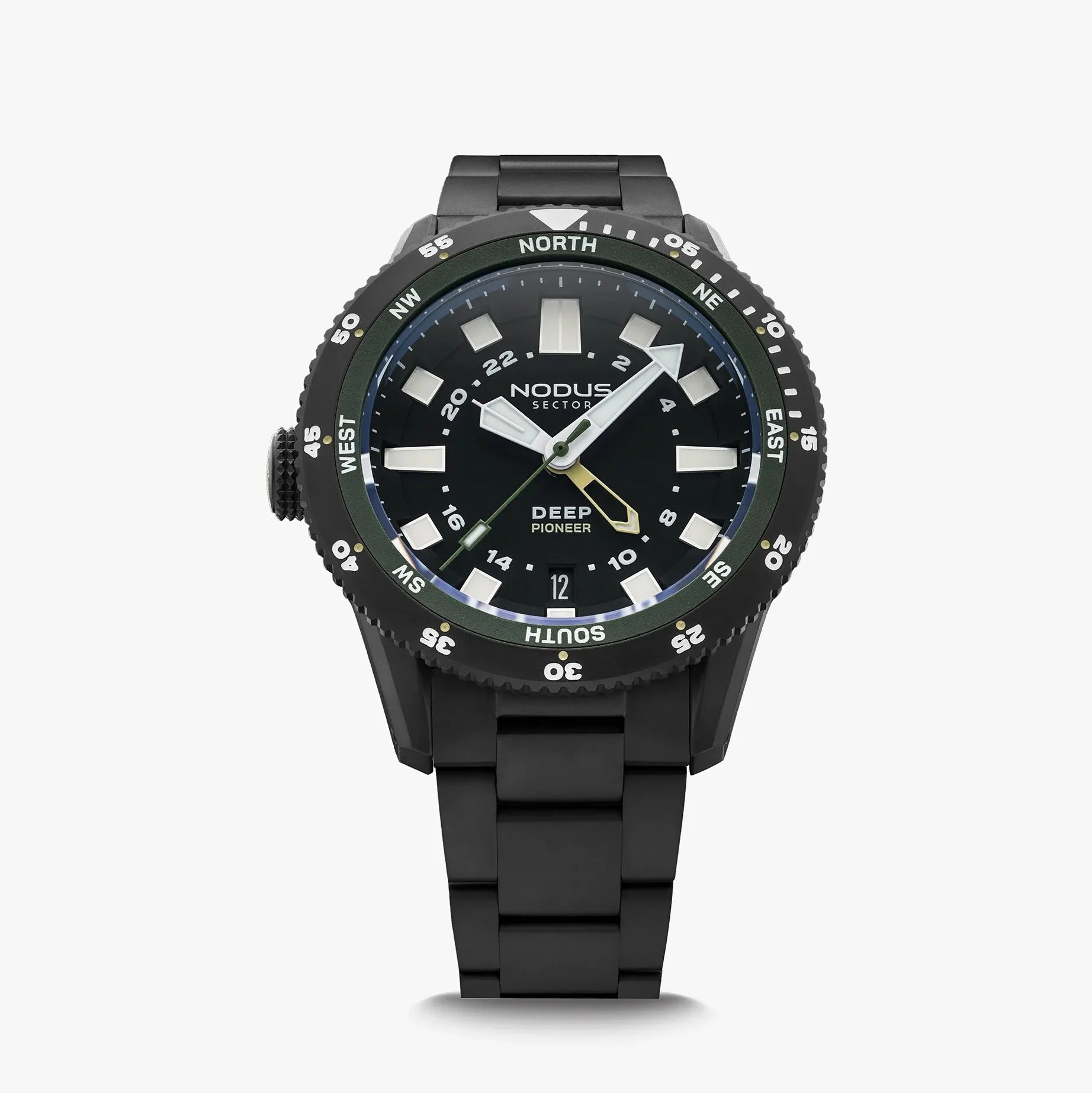 Black Nodus Sector Deep Pioneer wristwatch with white markers and compass bezel on a black metal bracelet.