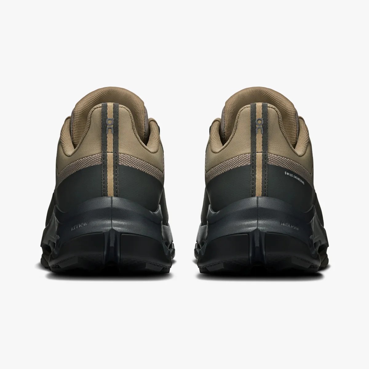 Pair of brown and black athletic shoes shown from the back with cushioned collars and thick black soles.
