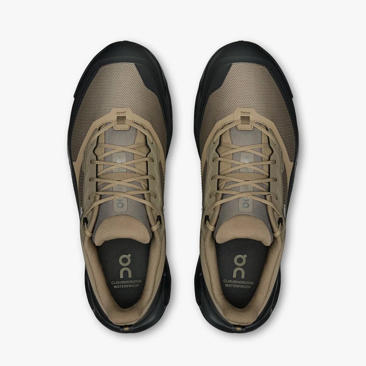Pair of tan and black waterproof Cloudhorizon sneakers with laces viewed from above.