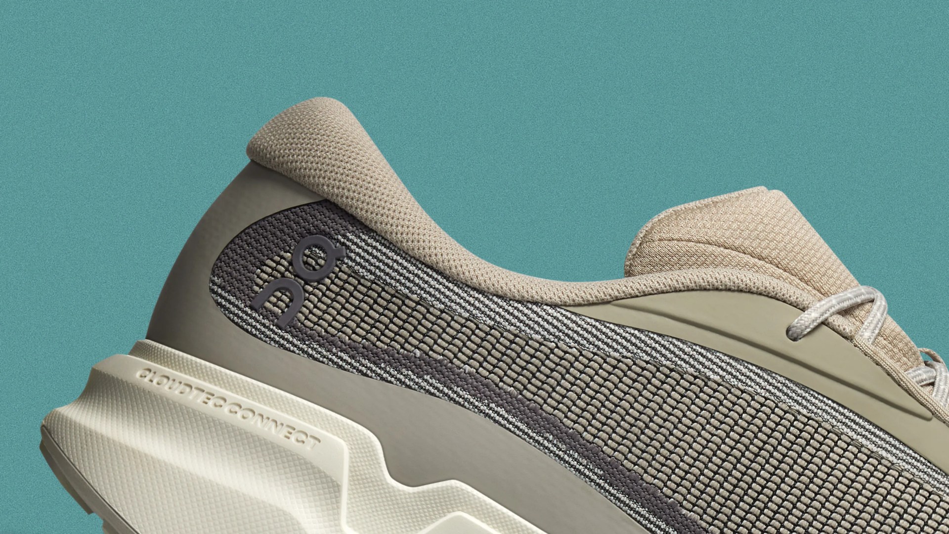 Beige and gray knit fabric sneaker with cushioned sole labeled "CloudTec Connect" on a teal background.