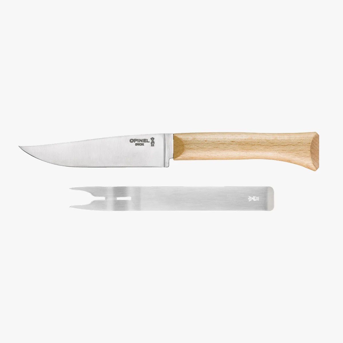 Steak knife with a wooden handle and a stainless steel two-prong fork.