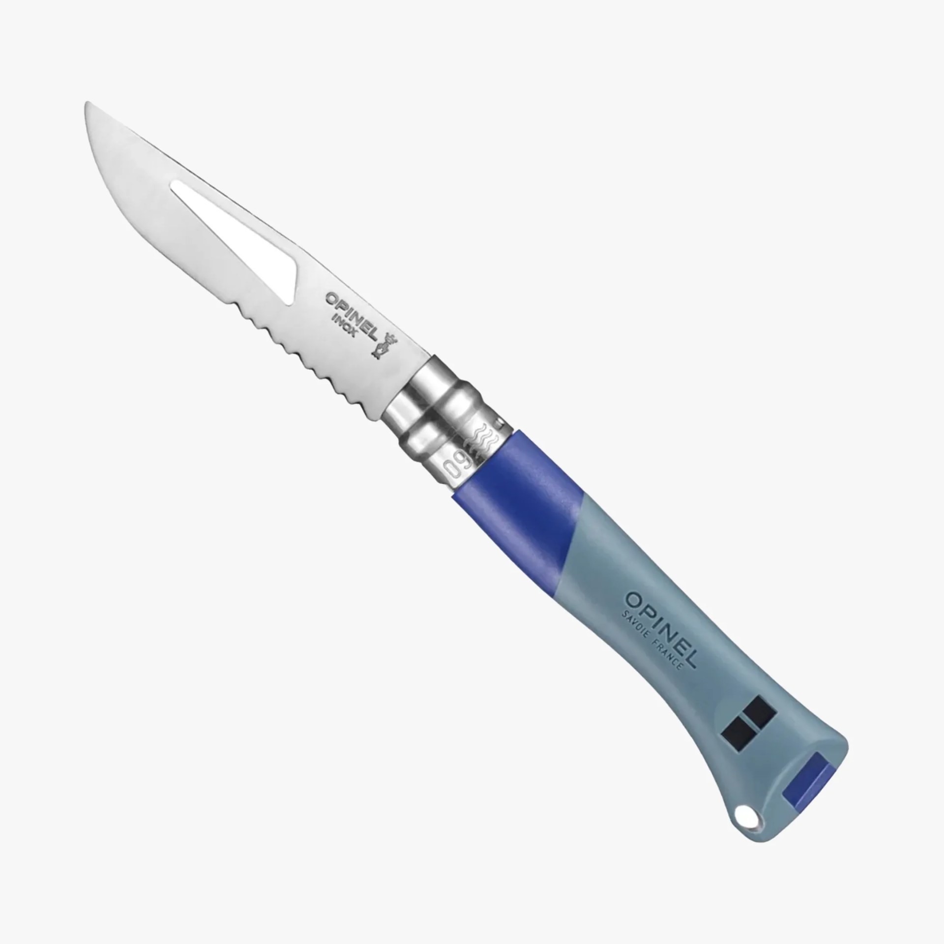 Blue and gray Opinel folding knife with a stainless steel serrated blade and hole at the handle end.