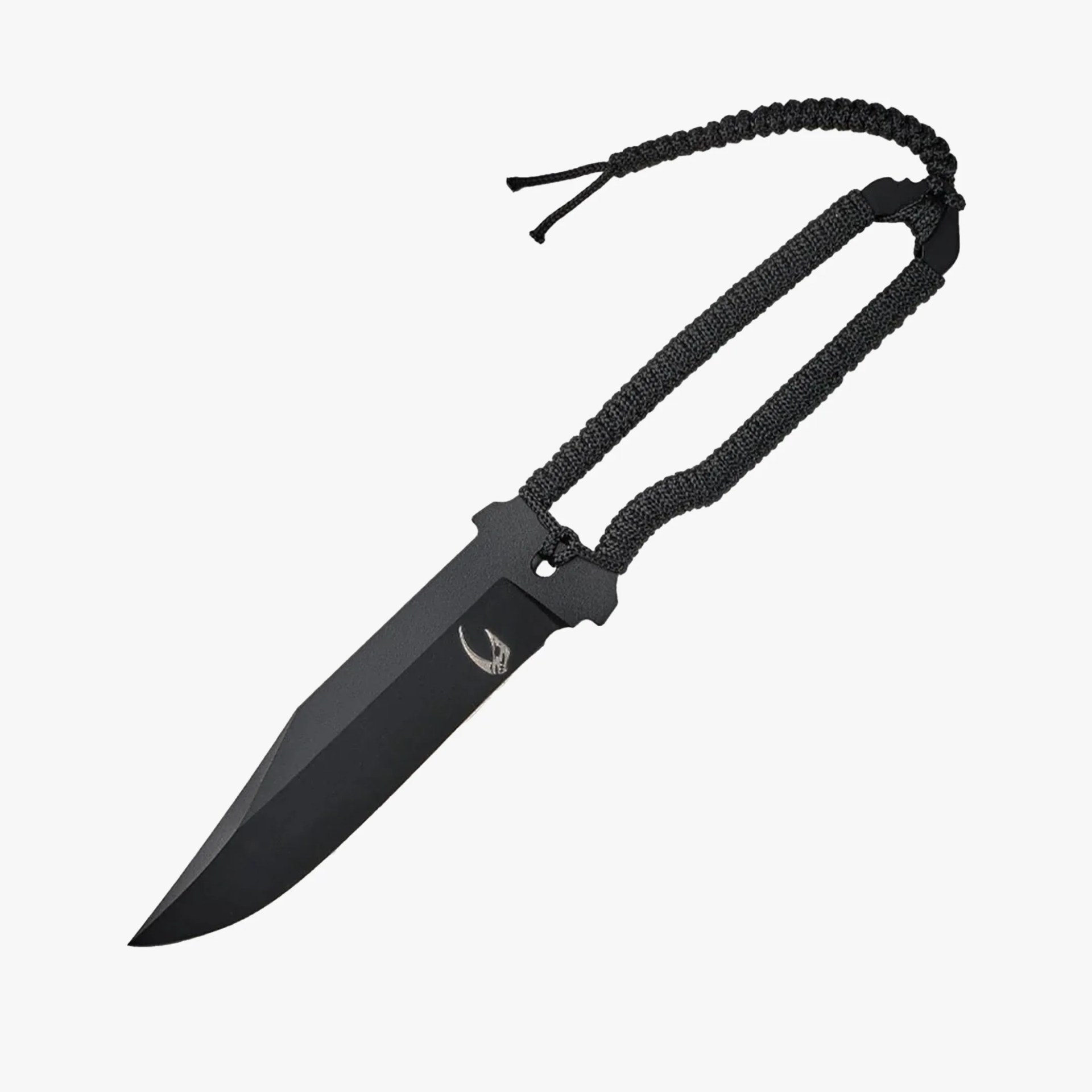 Black fixed blade knife with a paracord-wrapped handle and a skull logo on the blade.