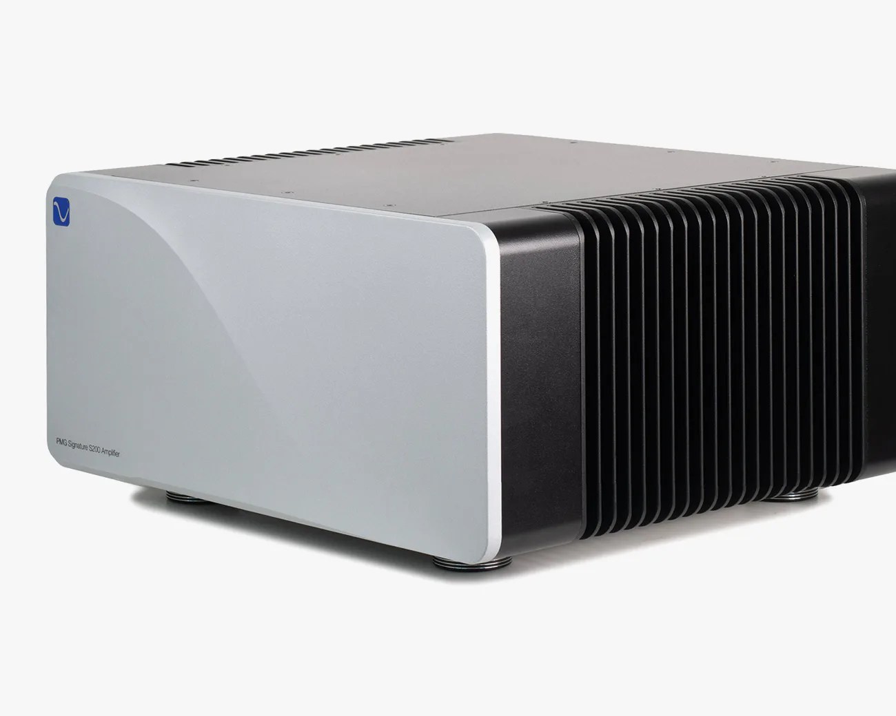 Silver and black PMG Signature S200 audio amplifier with large heat sink fins on the side.