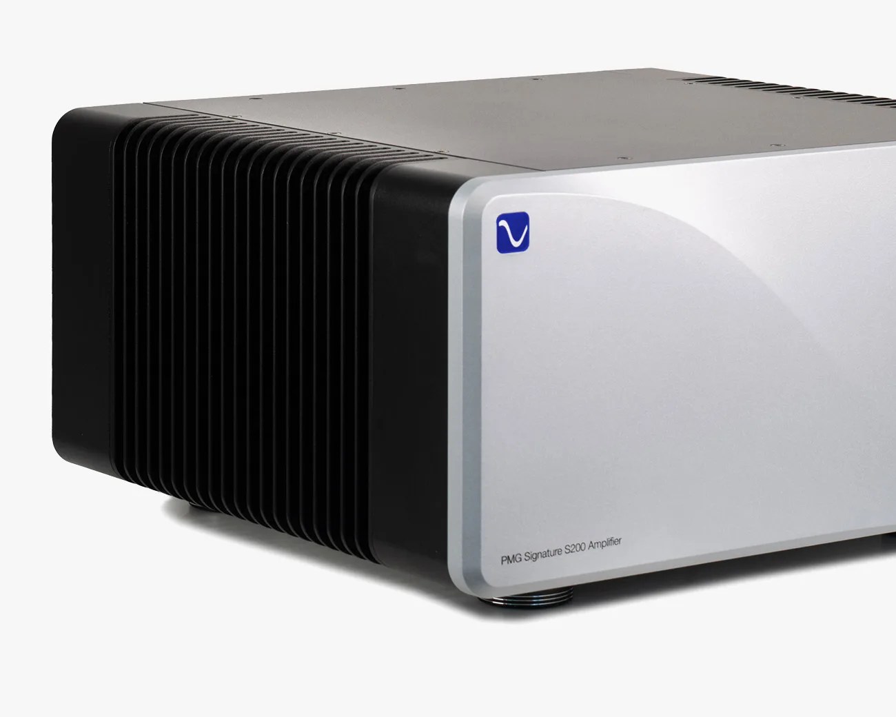 Silver and black PMG Signature S200 Amplifier with cooling fins on the side.