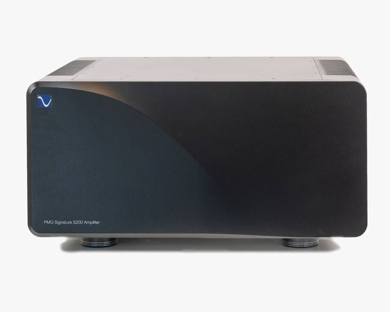 Black rectangular PMG Signature S200 audio amplifier with curved design on front panel and small blue logo in top left corner.