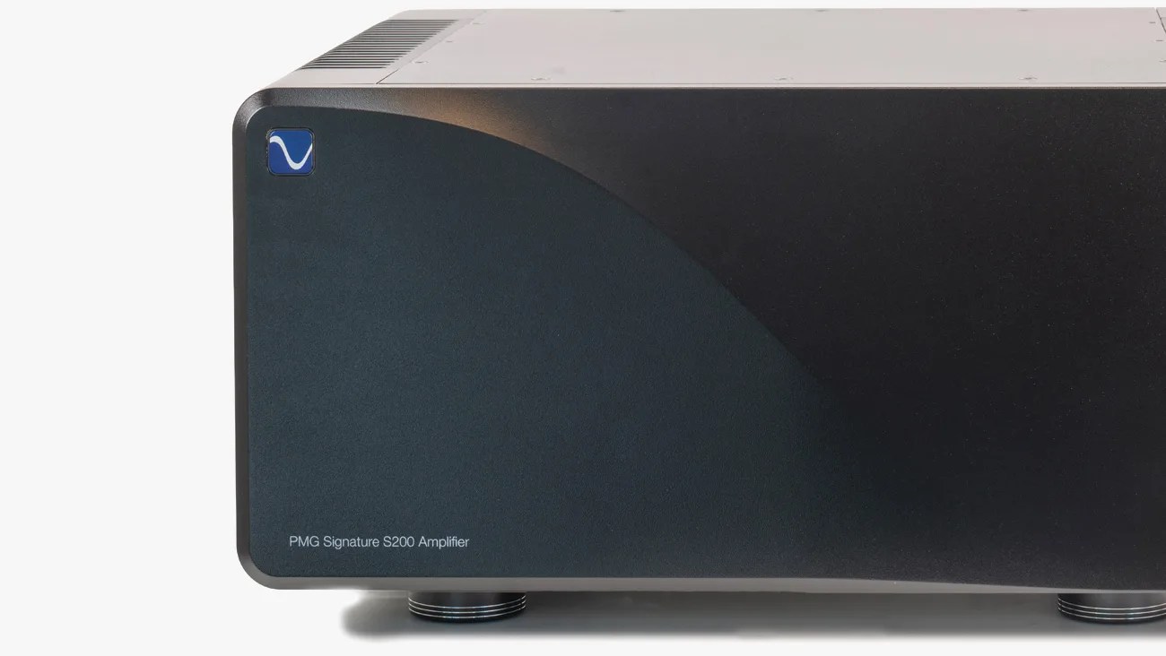 Front corner of a black PMG Signature S200 Amplifier with a blue logo on a white background.