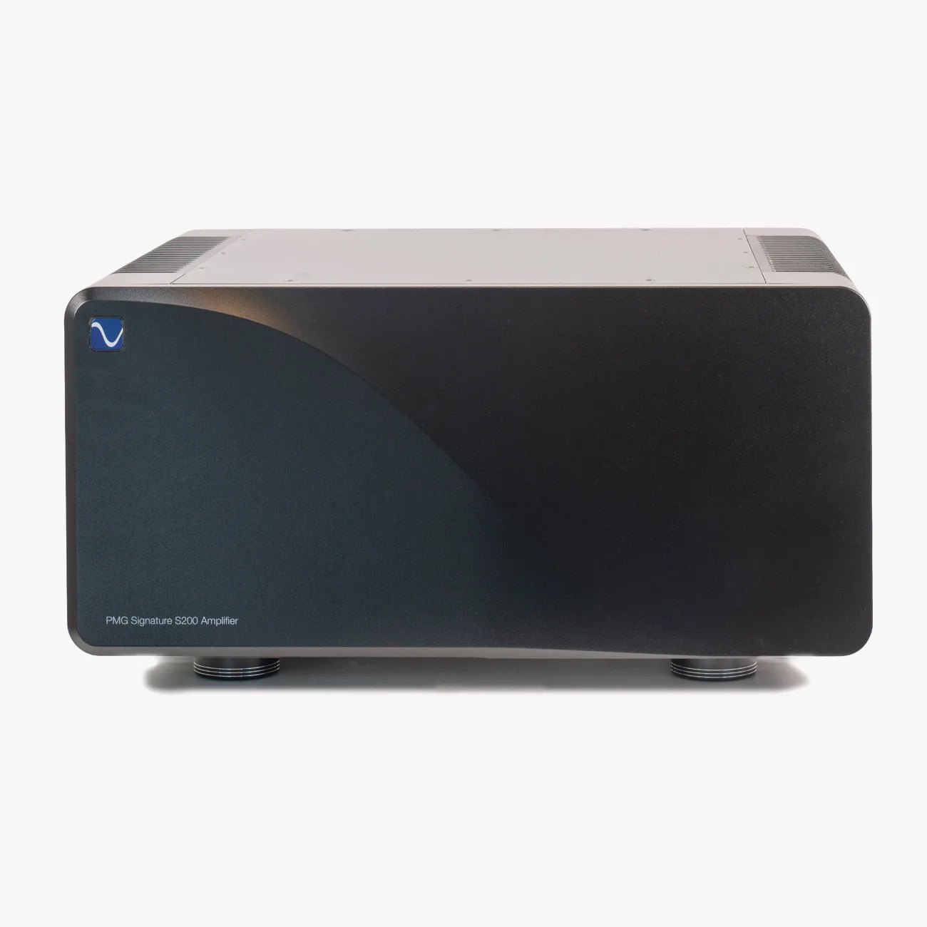 Black rectangular PMG Signature S200 amplifier with rounded corners and a blue logo on the top left corner.