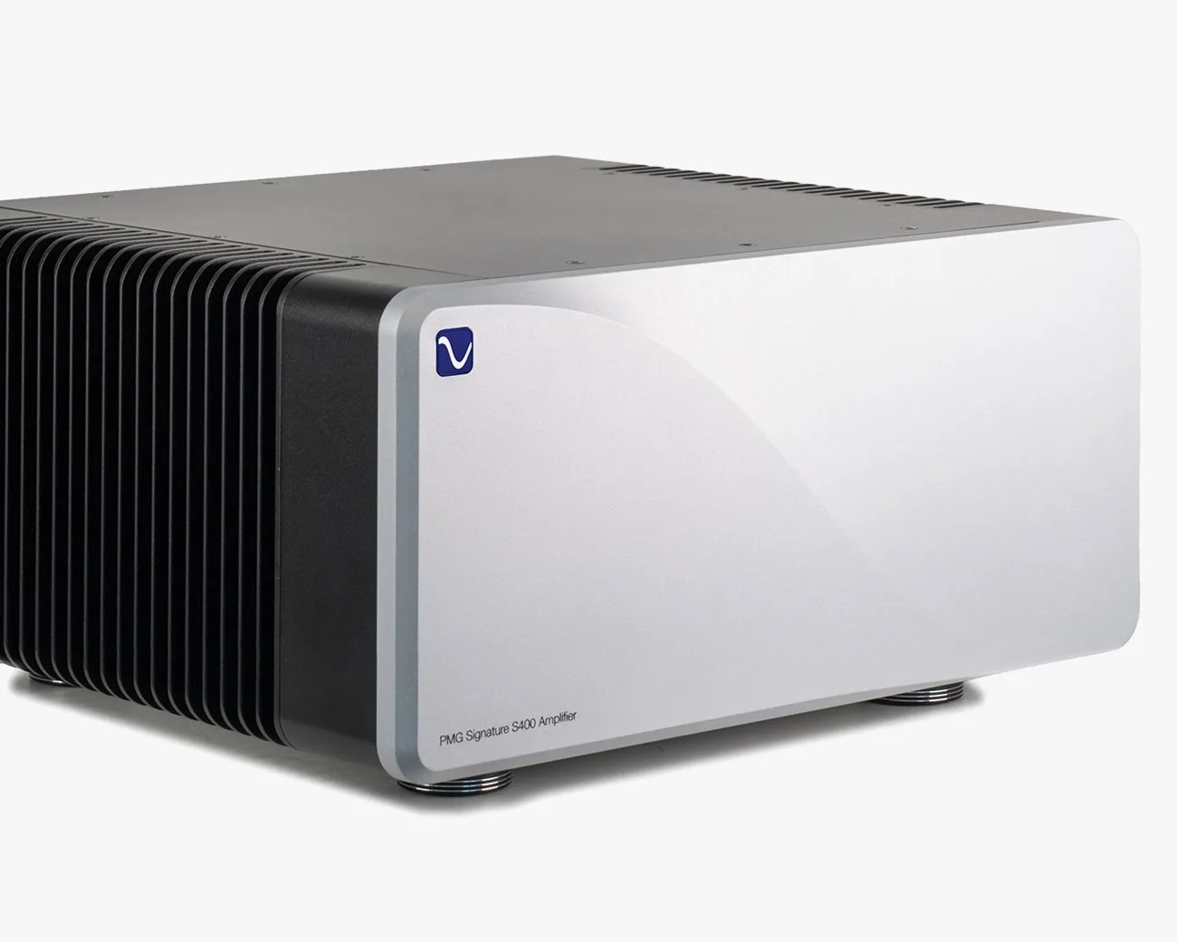 Silver and black PMG Signature S400 audio amplifier with heat sink fins on the side.