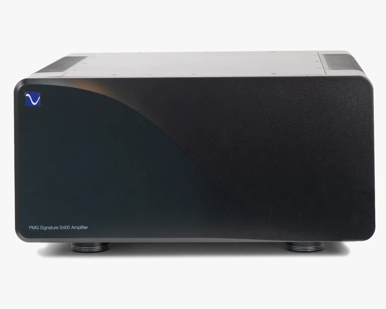 Black rectangular PMG Signature S400 amplifier with rounded corners and a small blue logo on the top left corner.