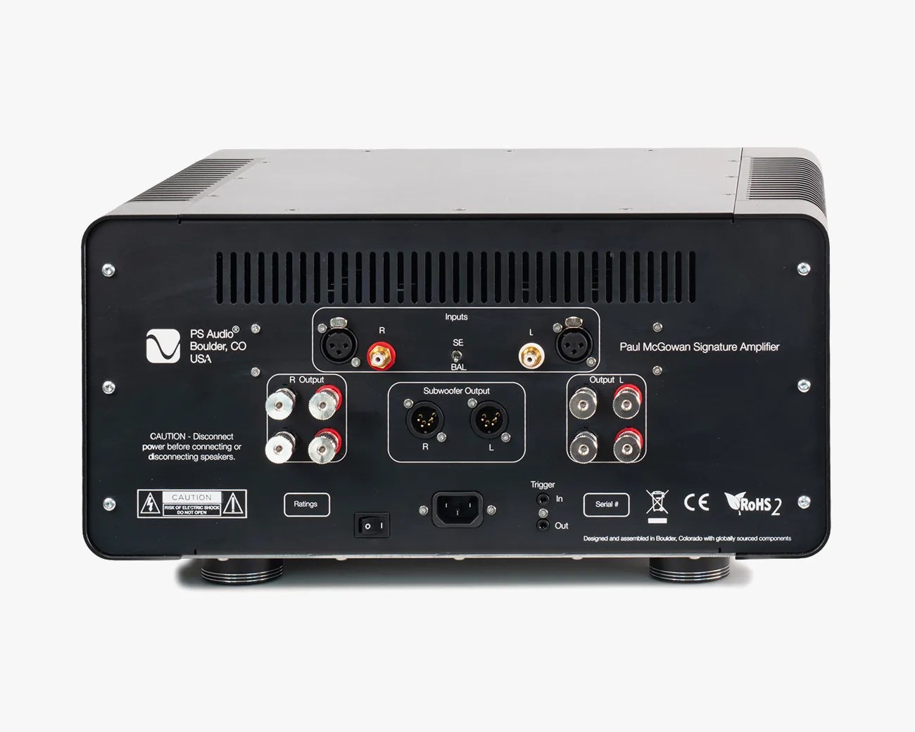 Black Paul McGowan Signature Amplifier rear panel with multiple audio input and output connectors and power switch.