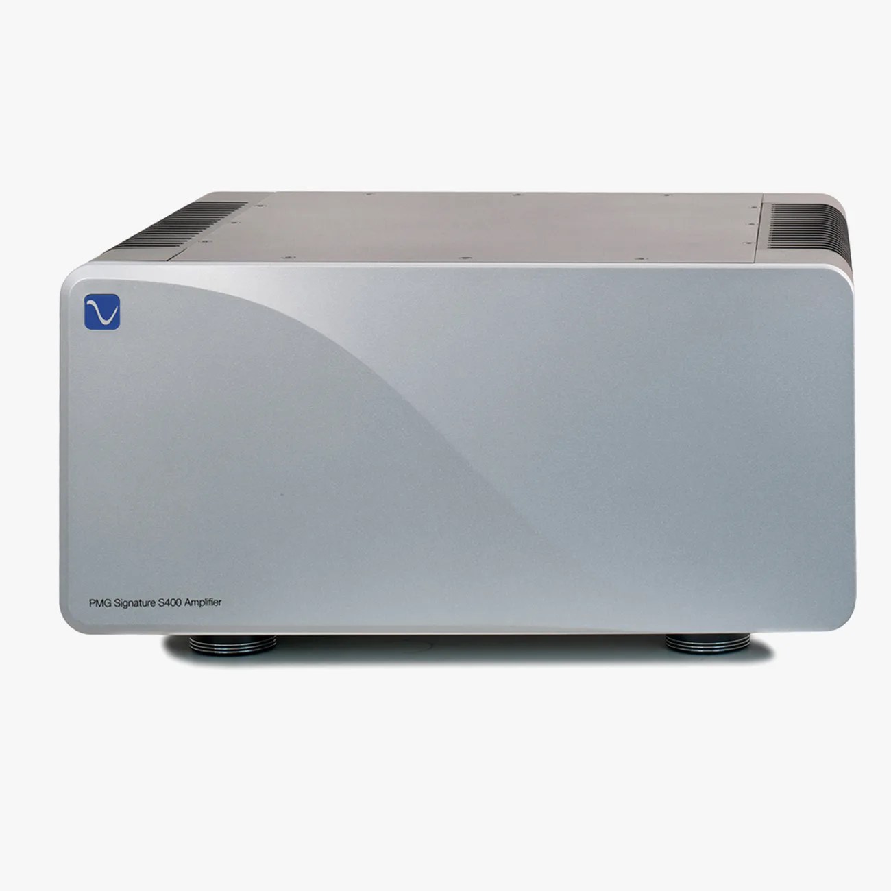 Silver rectangular PMG Signature S400 audio amplifier with rounded corners and ventilation grilles on the sides.