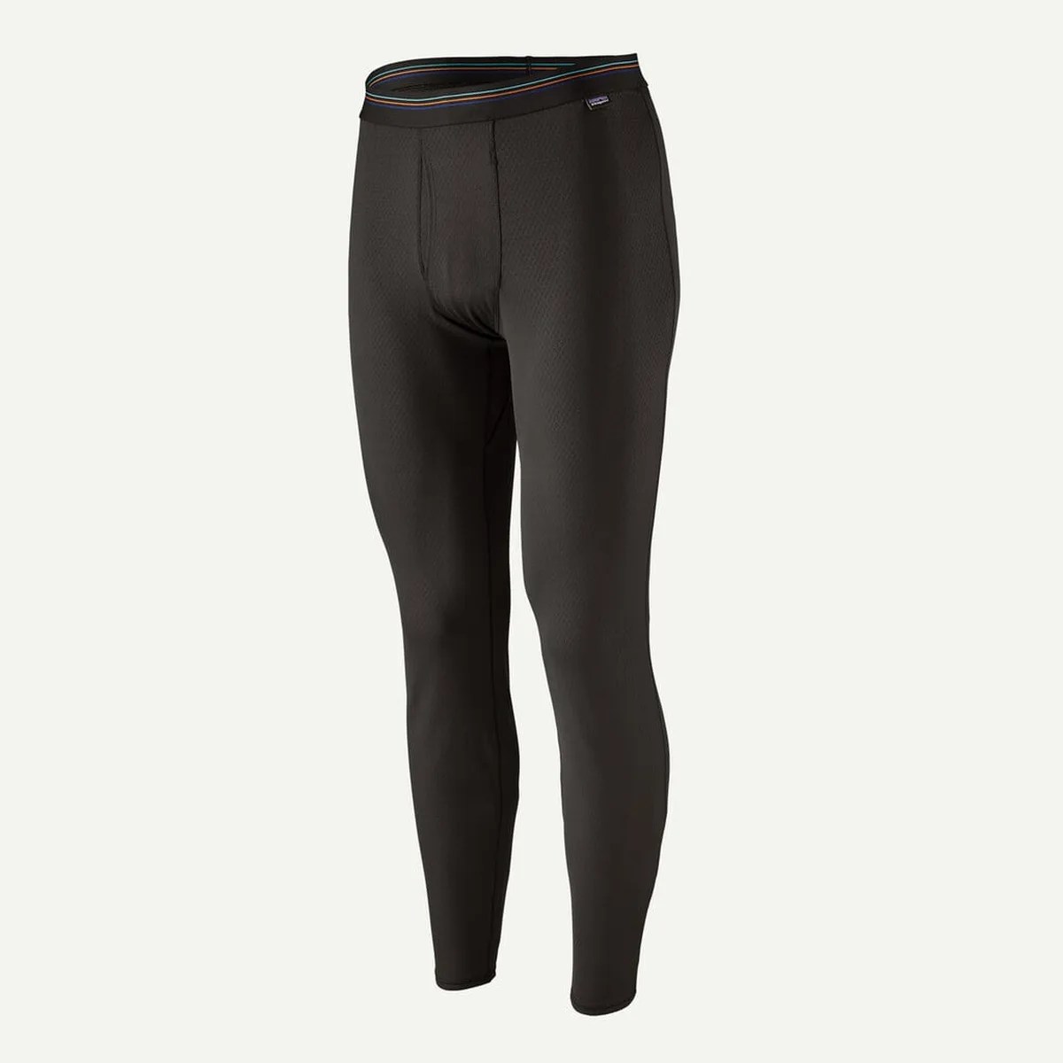 Black thermal leggings with a multicolored striped waistband and a small logo tag near the waist.
