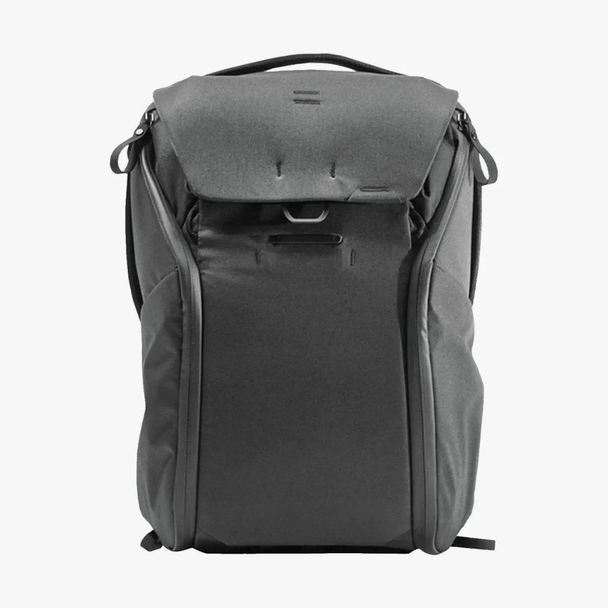 Dark gray backpack with a top flap and side zippers on a white background.