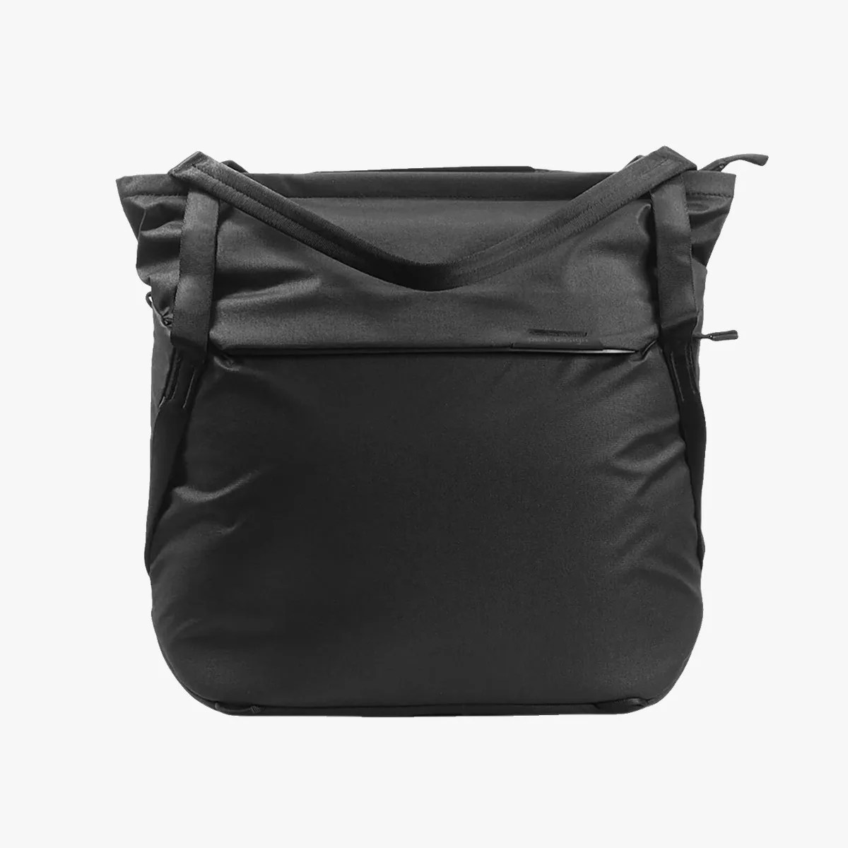 Black padded tote bag with dual handles and a front zippered pocket.