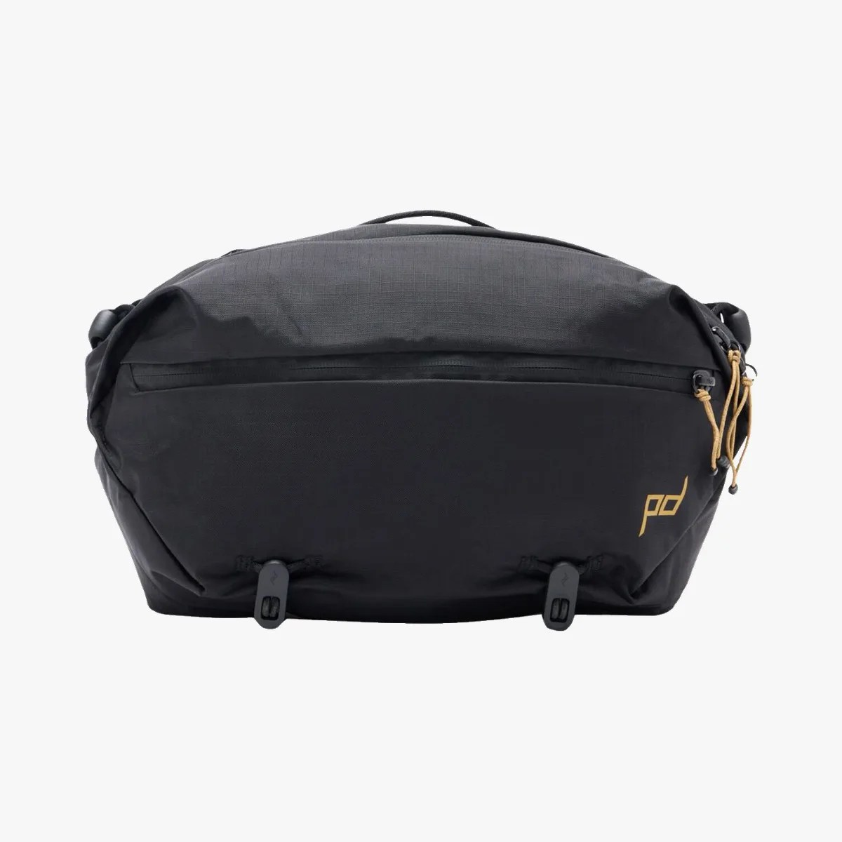 Black compact waist bag with gold "pd" logo and tan zipper pulls on a white background.