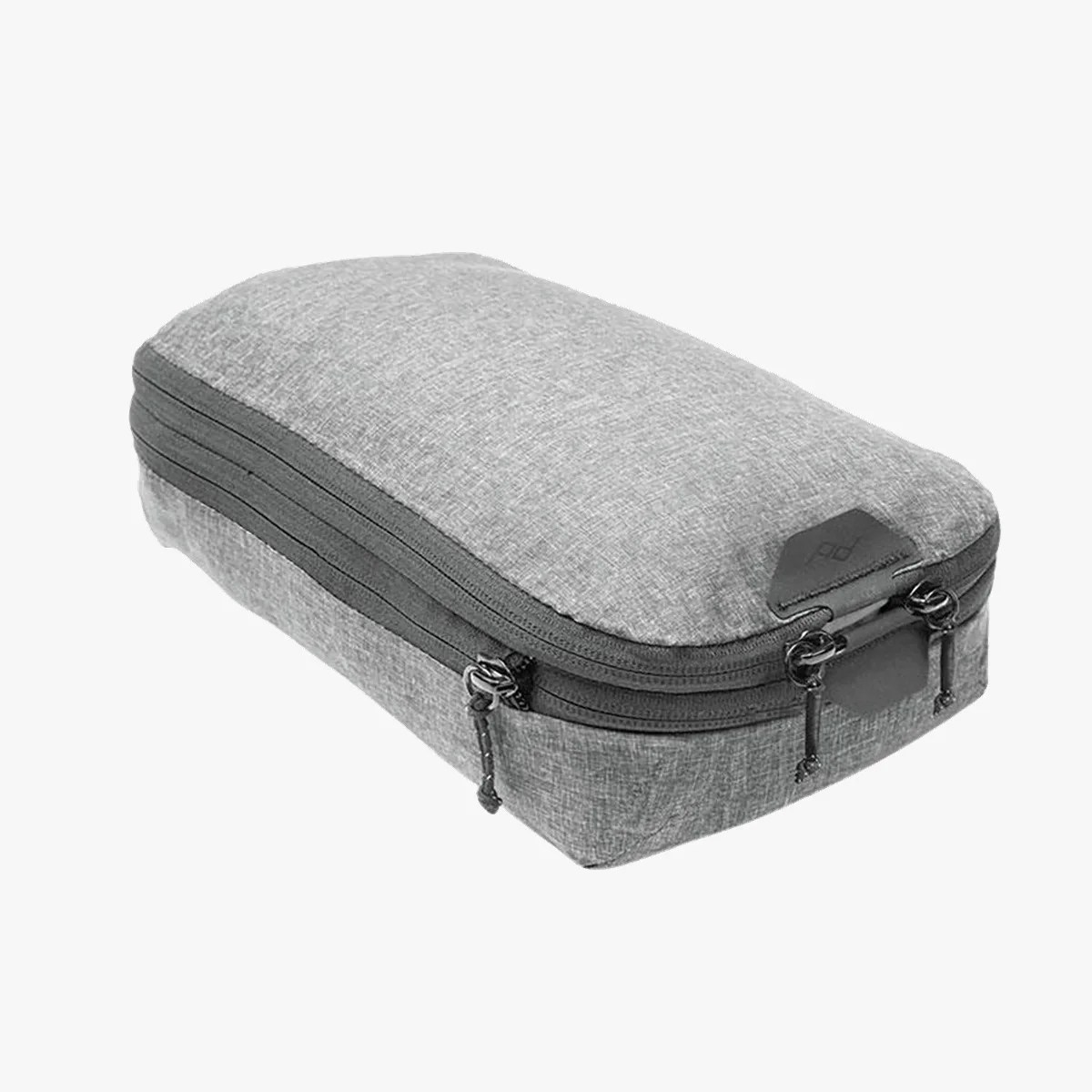 Gray rectangular zippered travel organizer pouch with black zipper pulls.