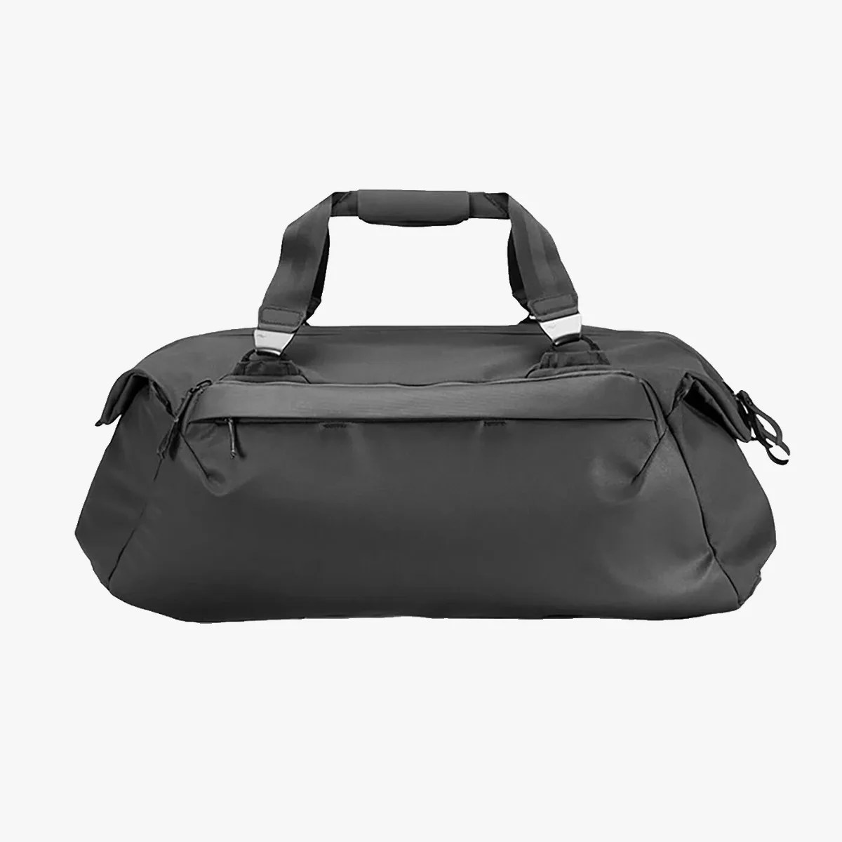 Black large duffel bag with padded handles and zippered front pocket.