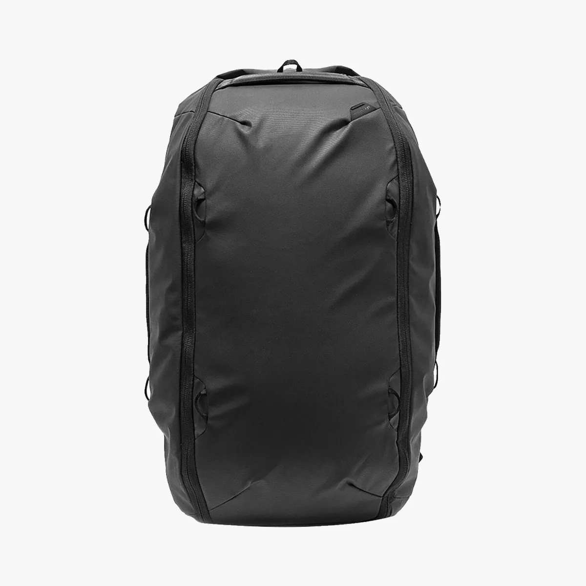 Black rectangular backpack with smooth fabric and vertical zippers on both sides.