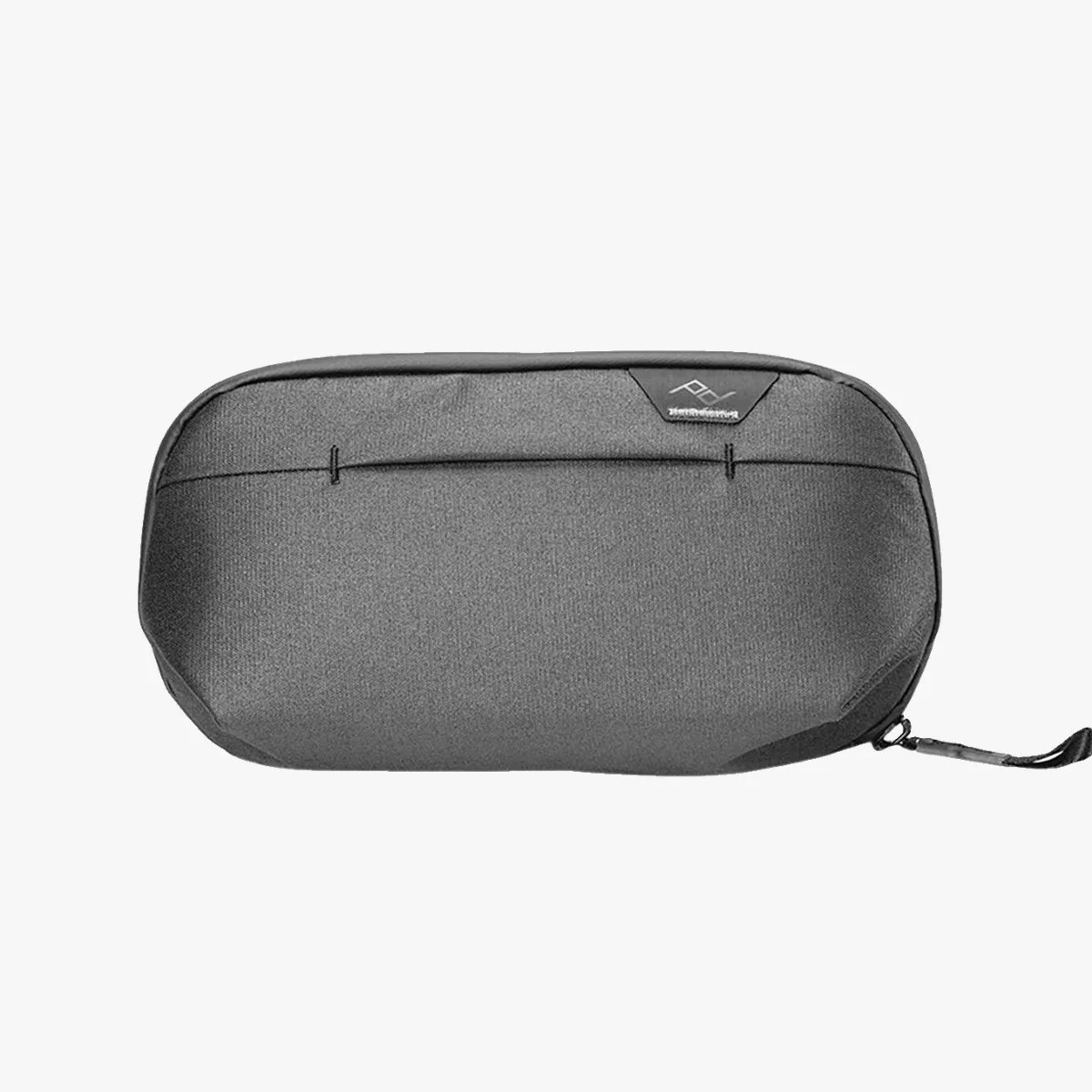 Gray rectangular zippered pouch with a small black logo patch on the top right corner.