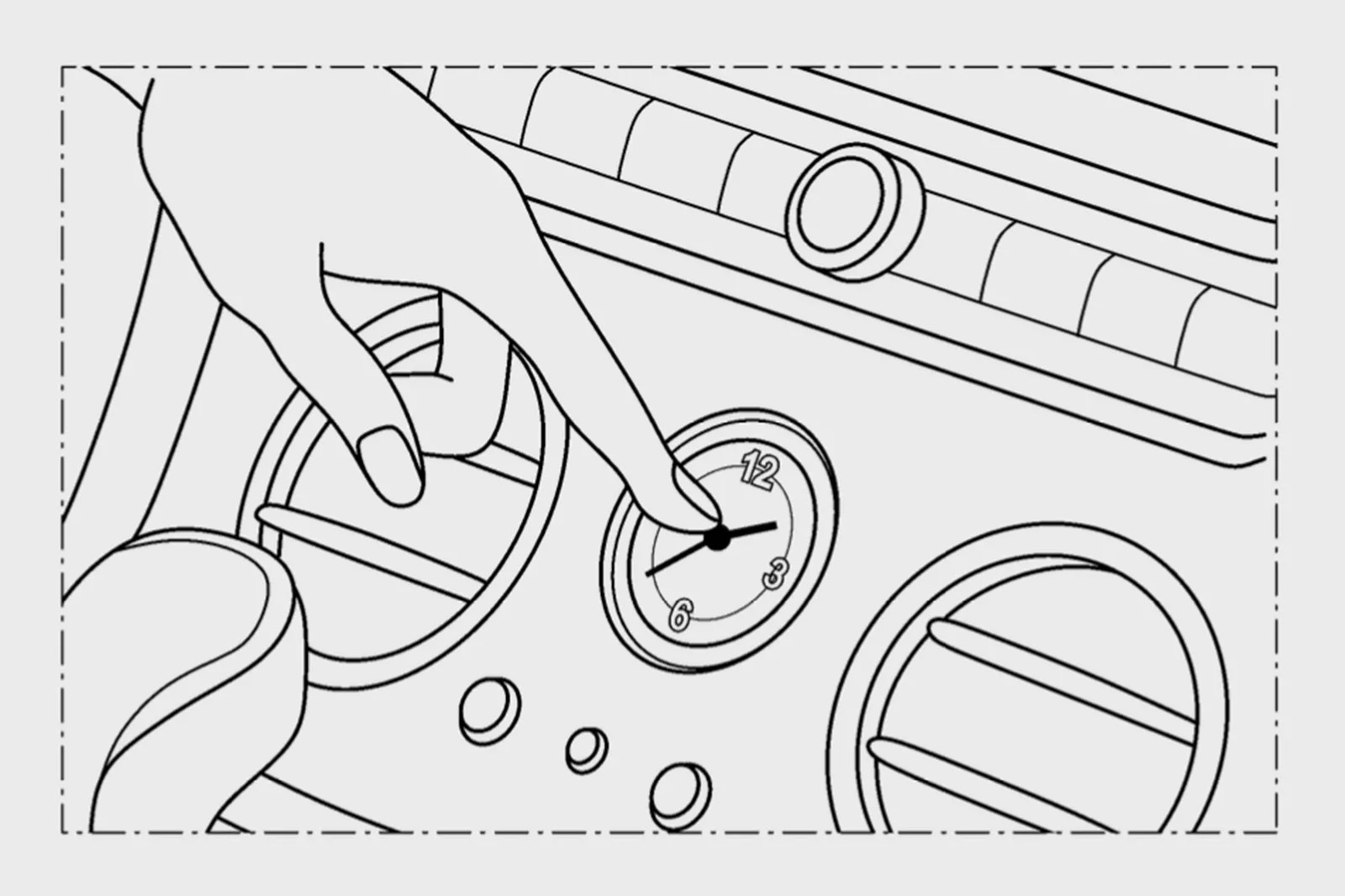 Hand adjusting a small round clock on a car dashboard near air vents and control buttons.