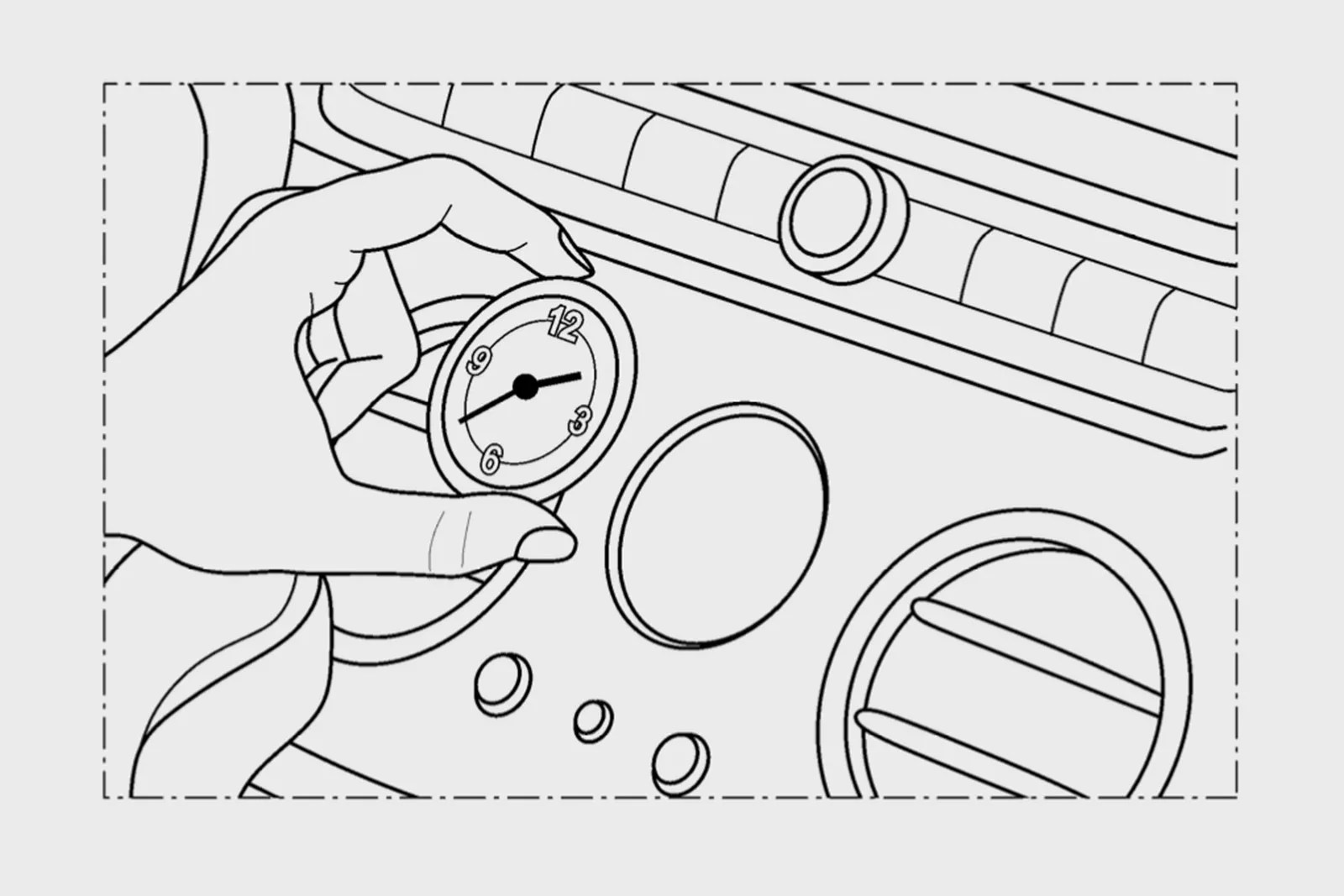 Hand holding a small round clock with numbers 12, 3, 6, and 9 near a car dashboard.