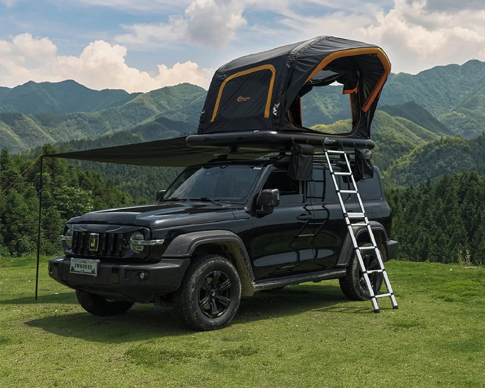 Black SUV with rooftop tent and attached ladder parked on grass with mountains in the background.
