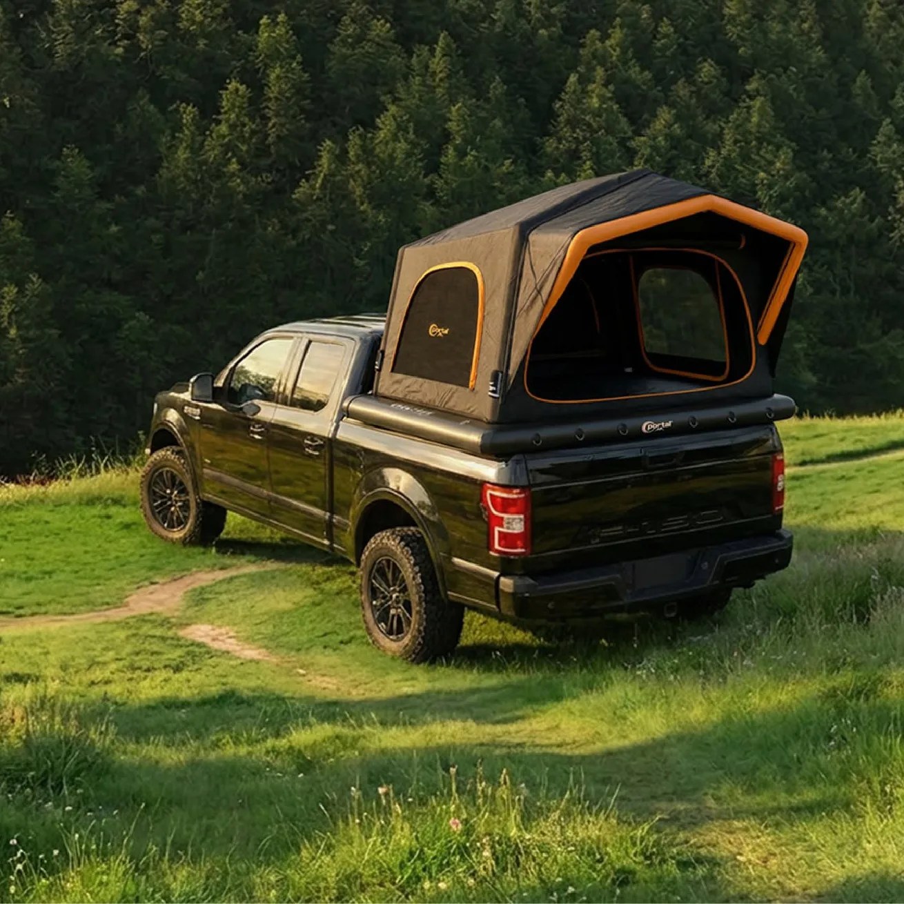 Black pickup truck with off-road tires and a black and orange rooftop tent mounted on the bed, parked on grassy terrain near a forest.