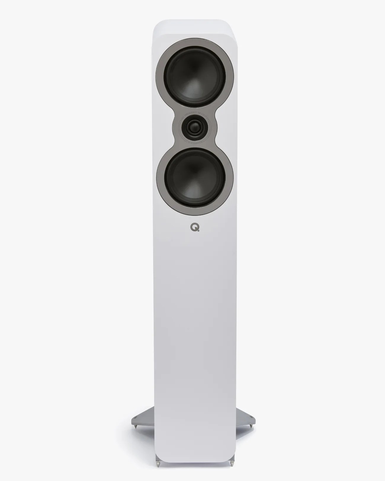 Tall white floor-standing speaker with two large black drivers and one smaller driver in the center.