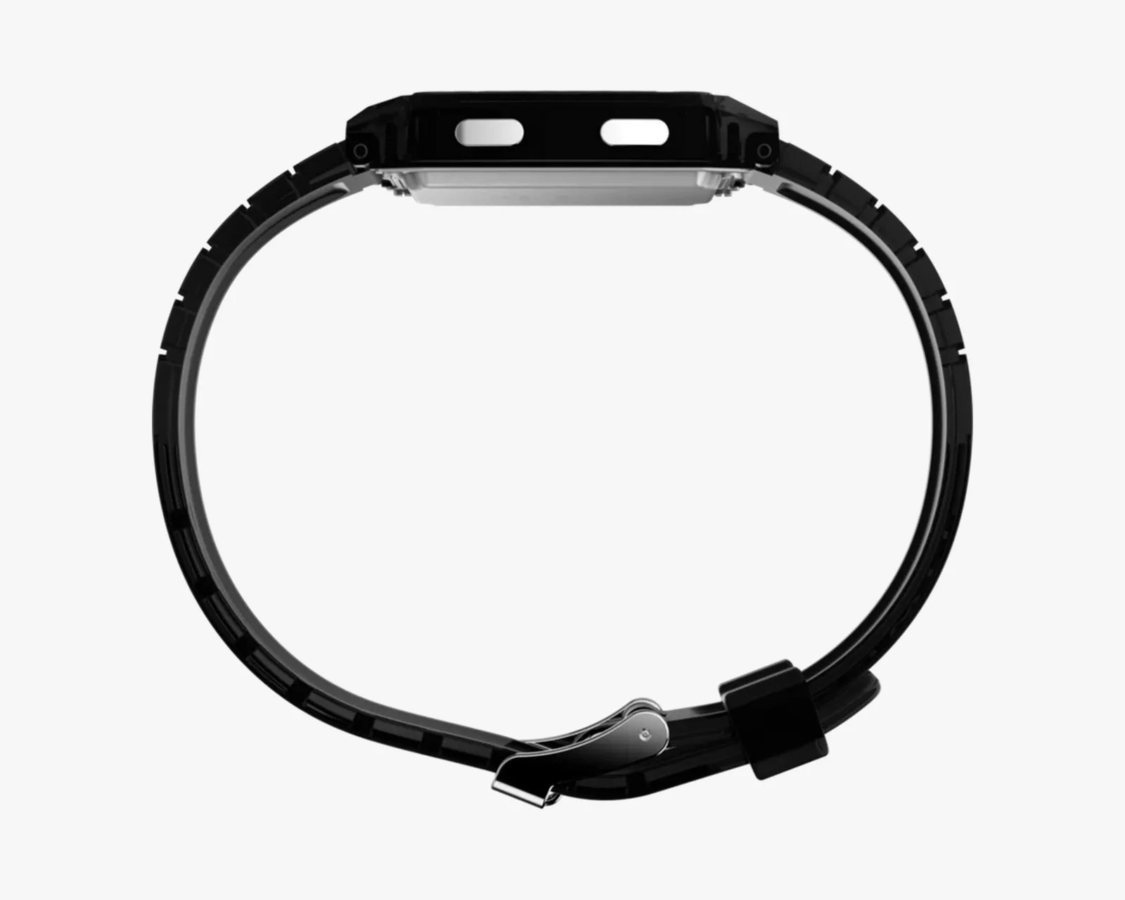 Black digital watch with a rectangular face and a black segmented rubber strap shown from the side.