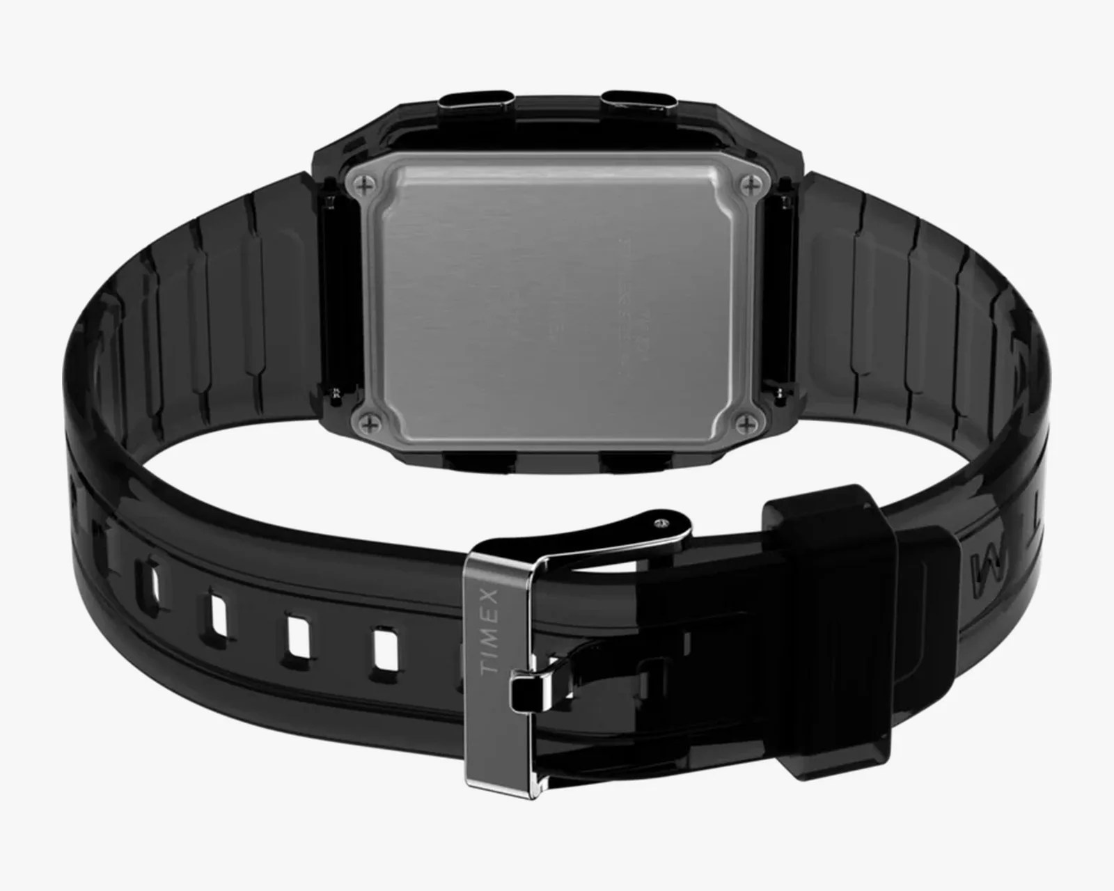 Black resin Timex watch band with stainless steel buckle and square metal case back.