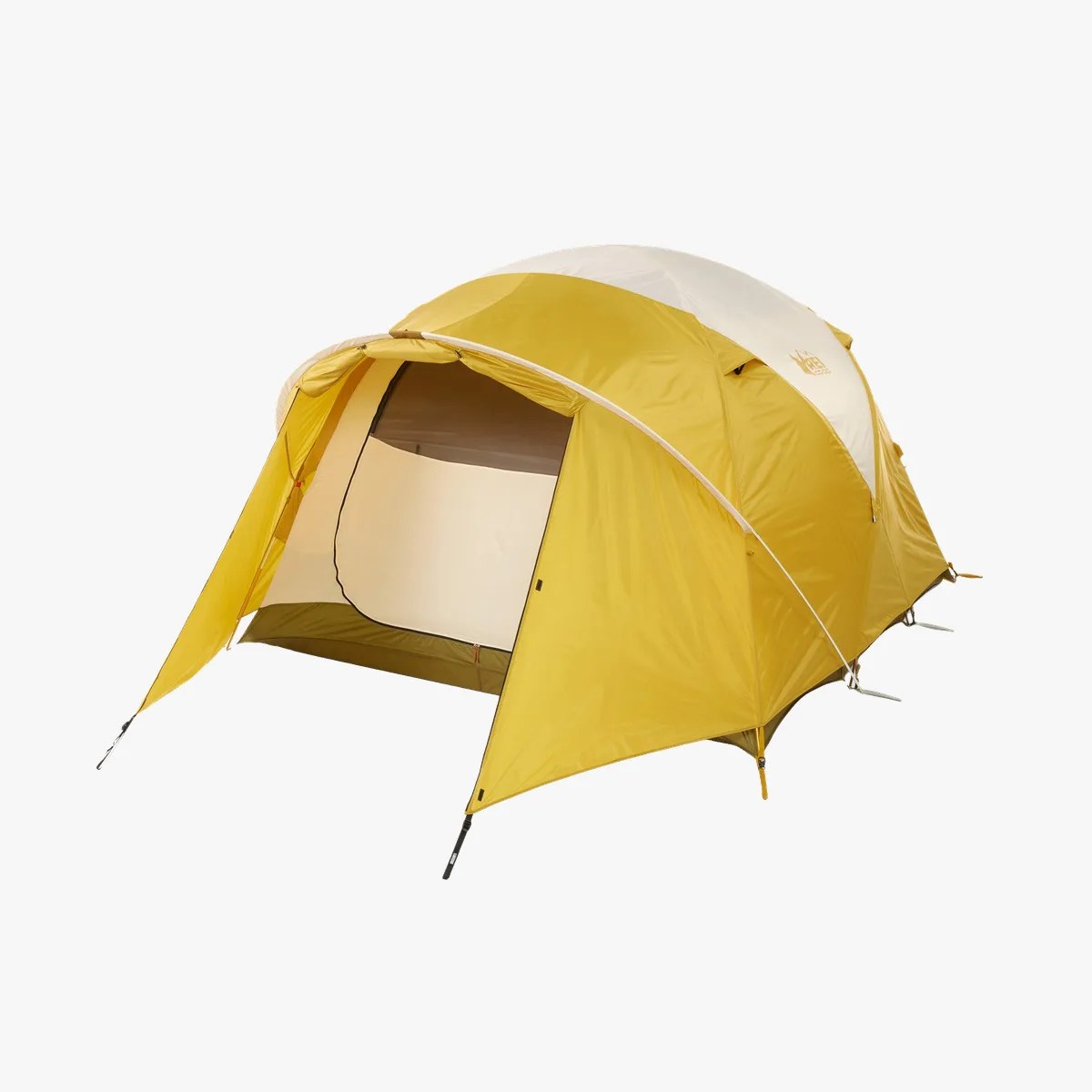 Yellow and beige dome tent with an open front door and external rainfly.