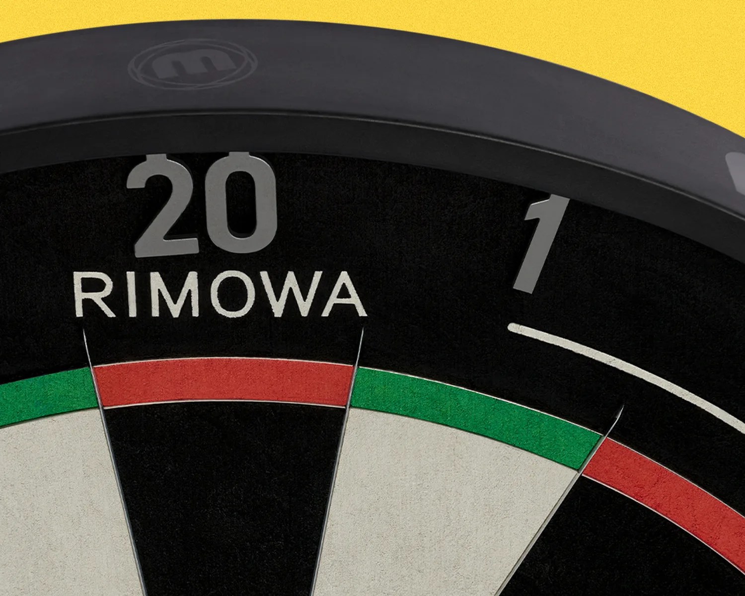 Close-up of a dartboard segment showing numbers 20 and 1 with the brand name "RIMOWA" on a black background.