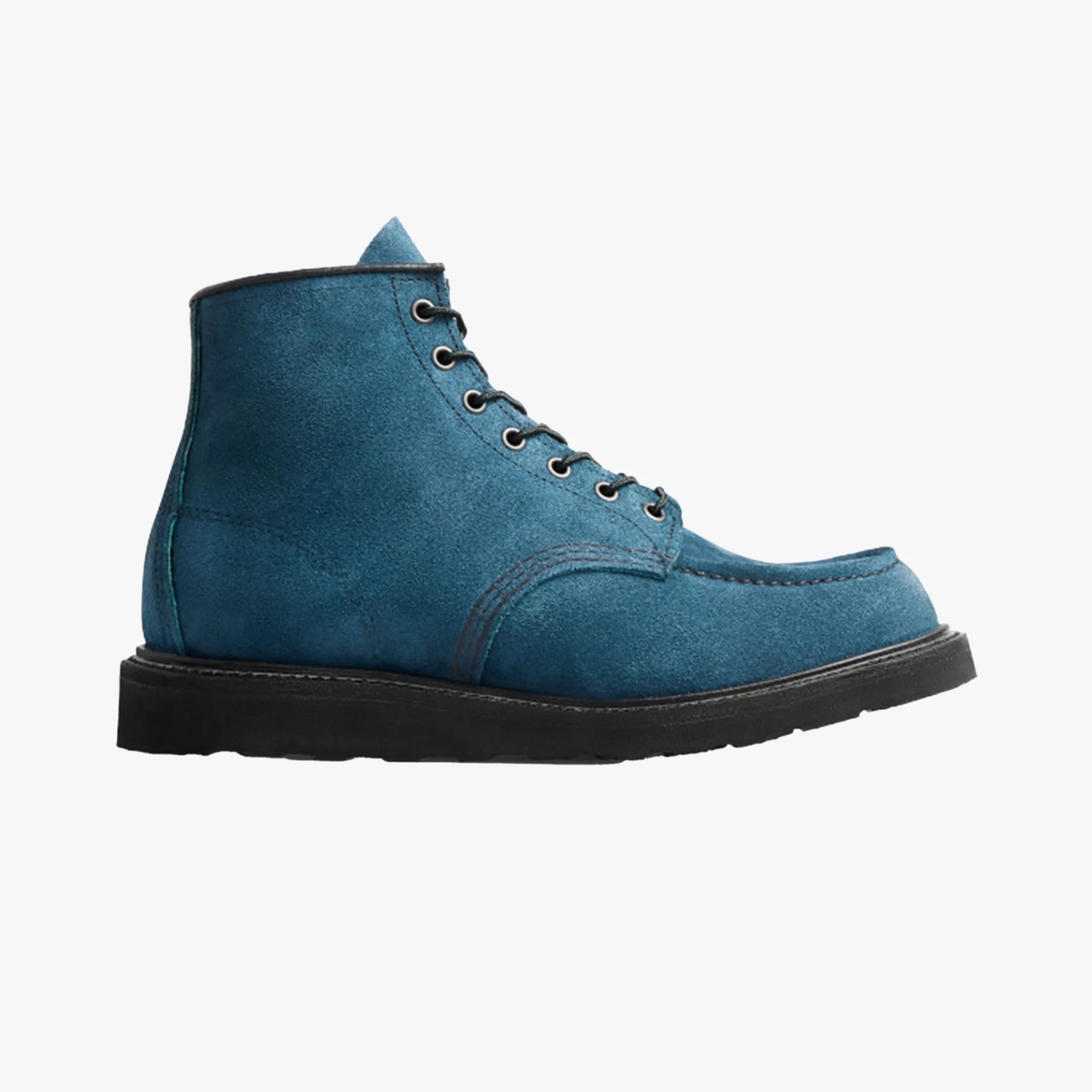 Blue suede lace-up ankle boot with black sole and rounded toe.
