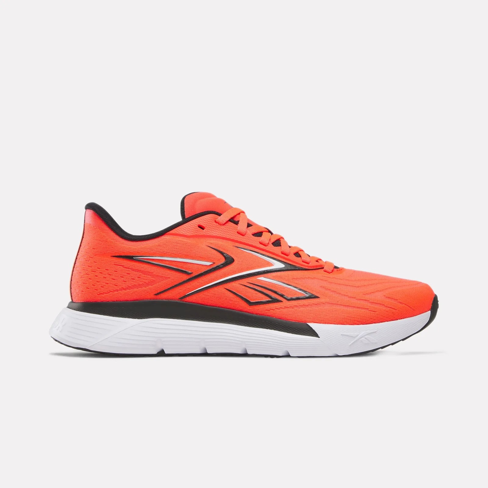 Bright orange running shoe with black and white accents and a white sole.