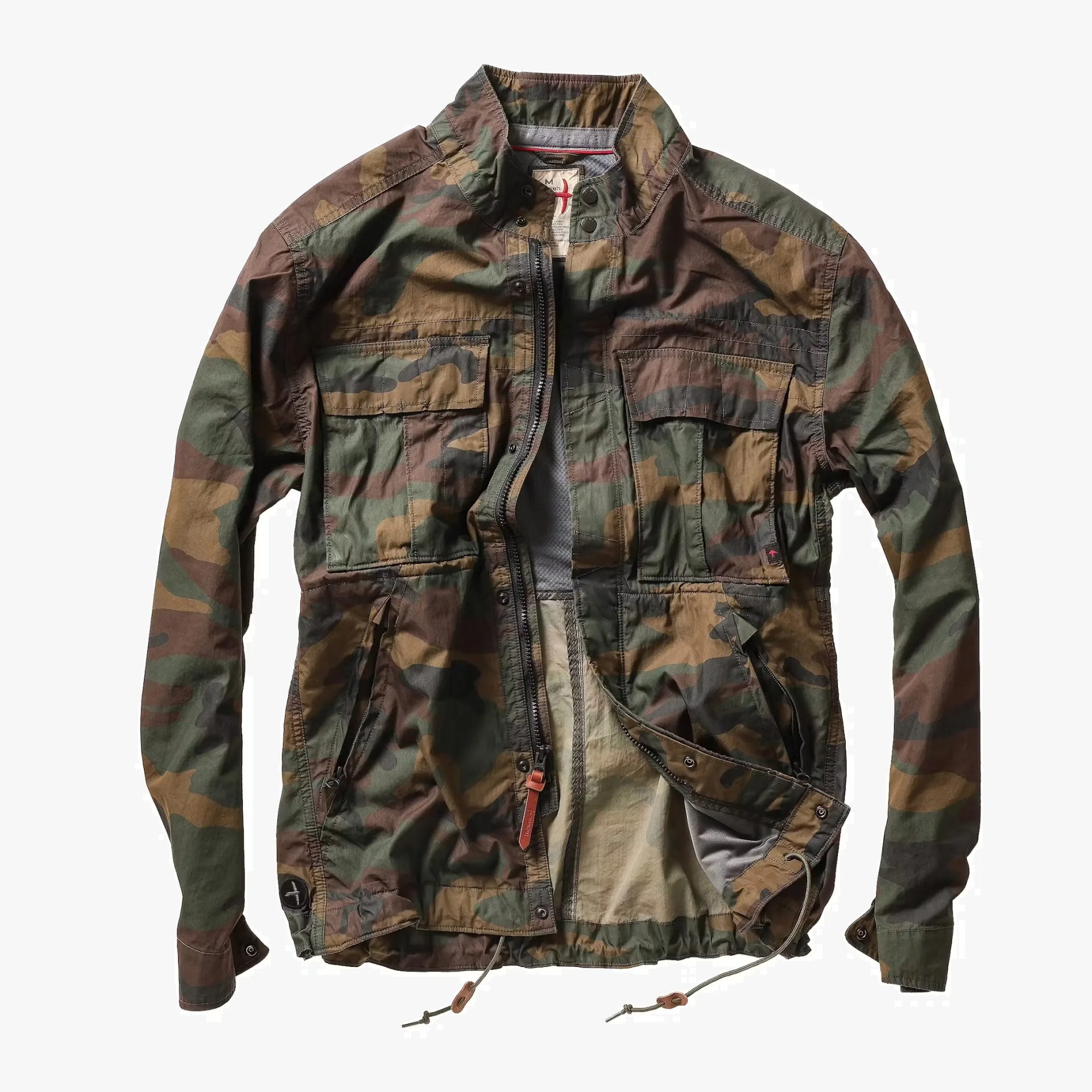 Camouflage-patterned military-style jacket with front zipper, snap buttons, and multiple pockets.