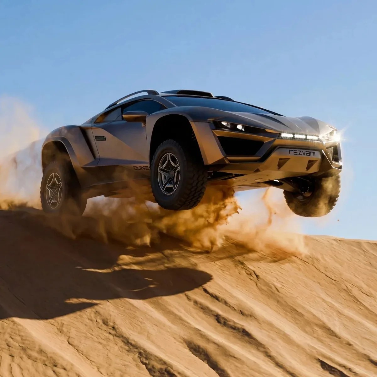 Matte black Rezvani off-road vehicle airborne over sandy desert terrain with dust clouds.