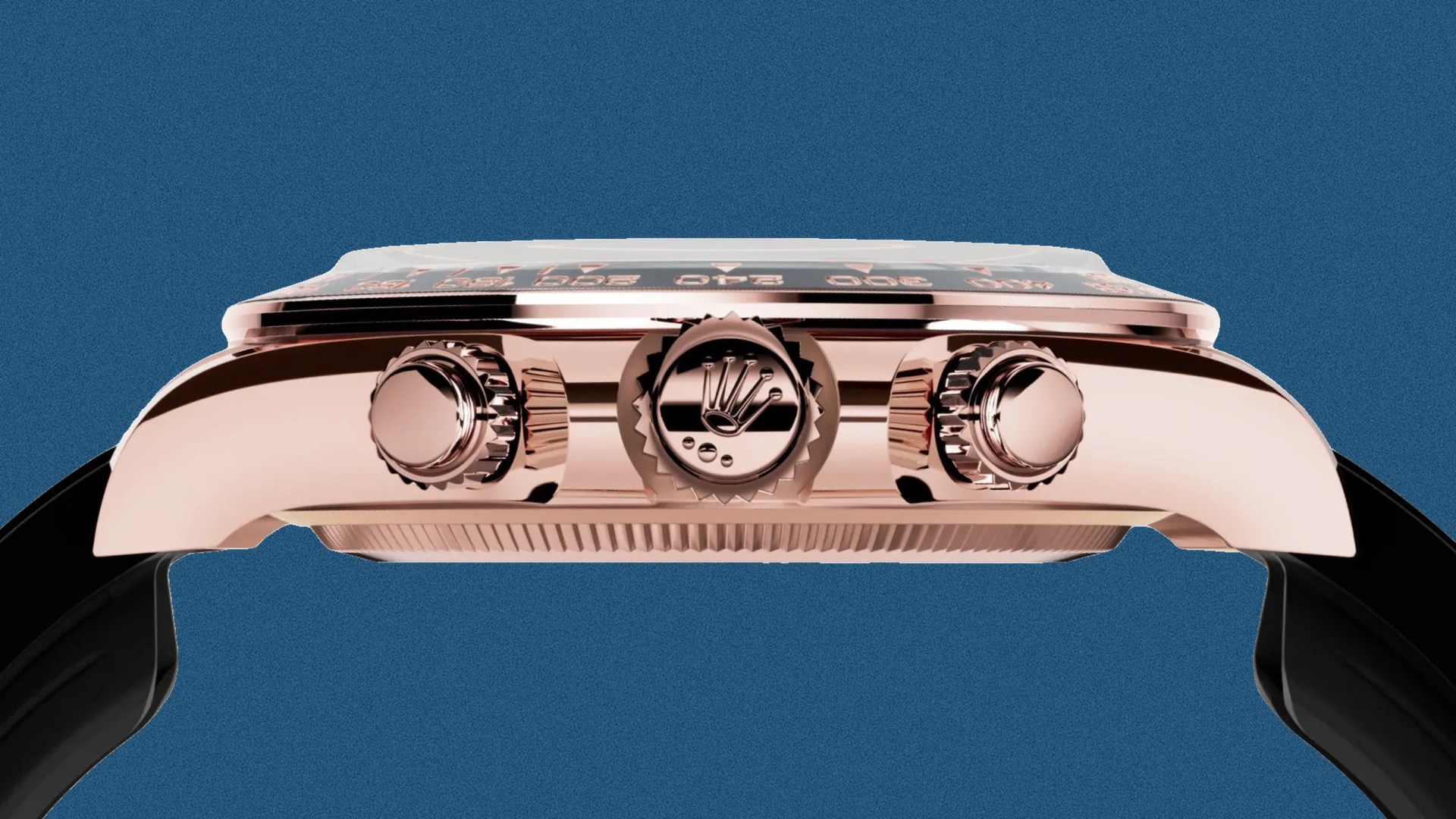 Side view of a rose gold Rolex watch case with three crown buttons and a black strap against a blue background.