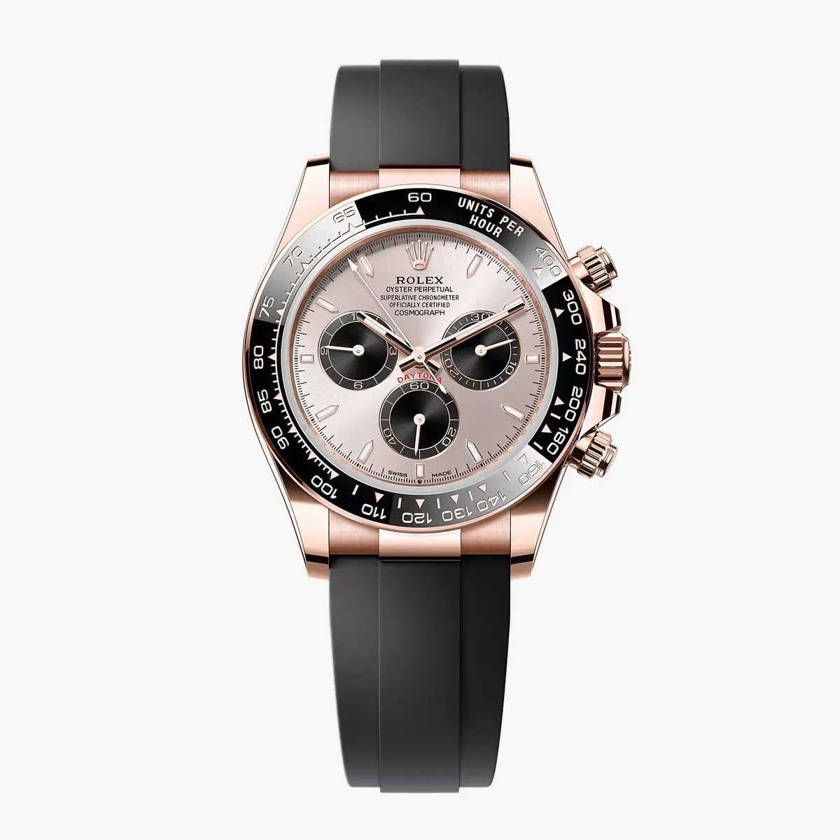 Rolex Oyster Perpetual Cosmograph Daytona watch with rose gold case, black ceramic bezel, and black rubber strap.