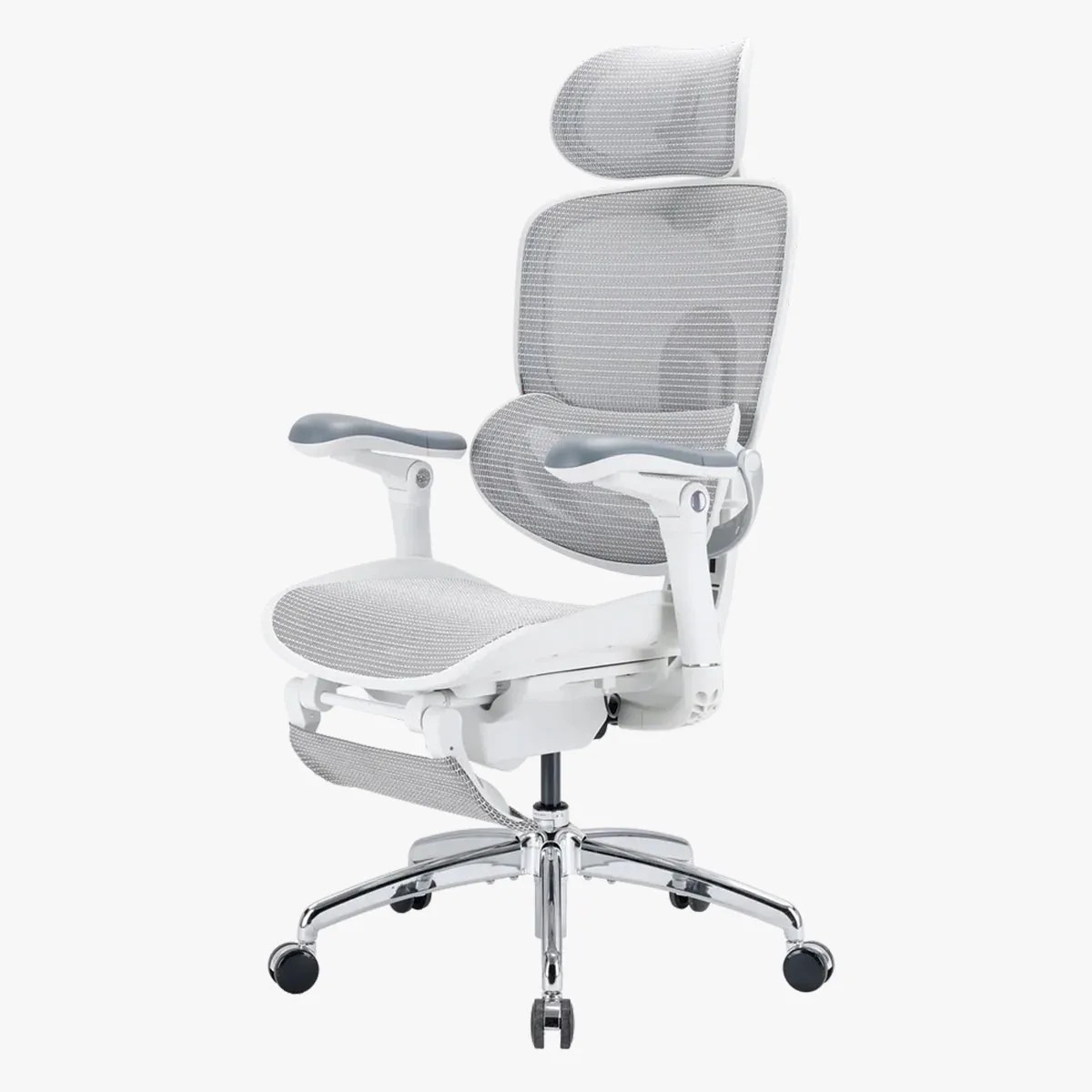 Ergonomic white office chair with gray mesh backrest, headrest, armrests, and footrest on a chrome base with wheels.