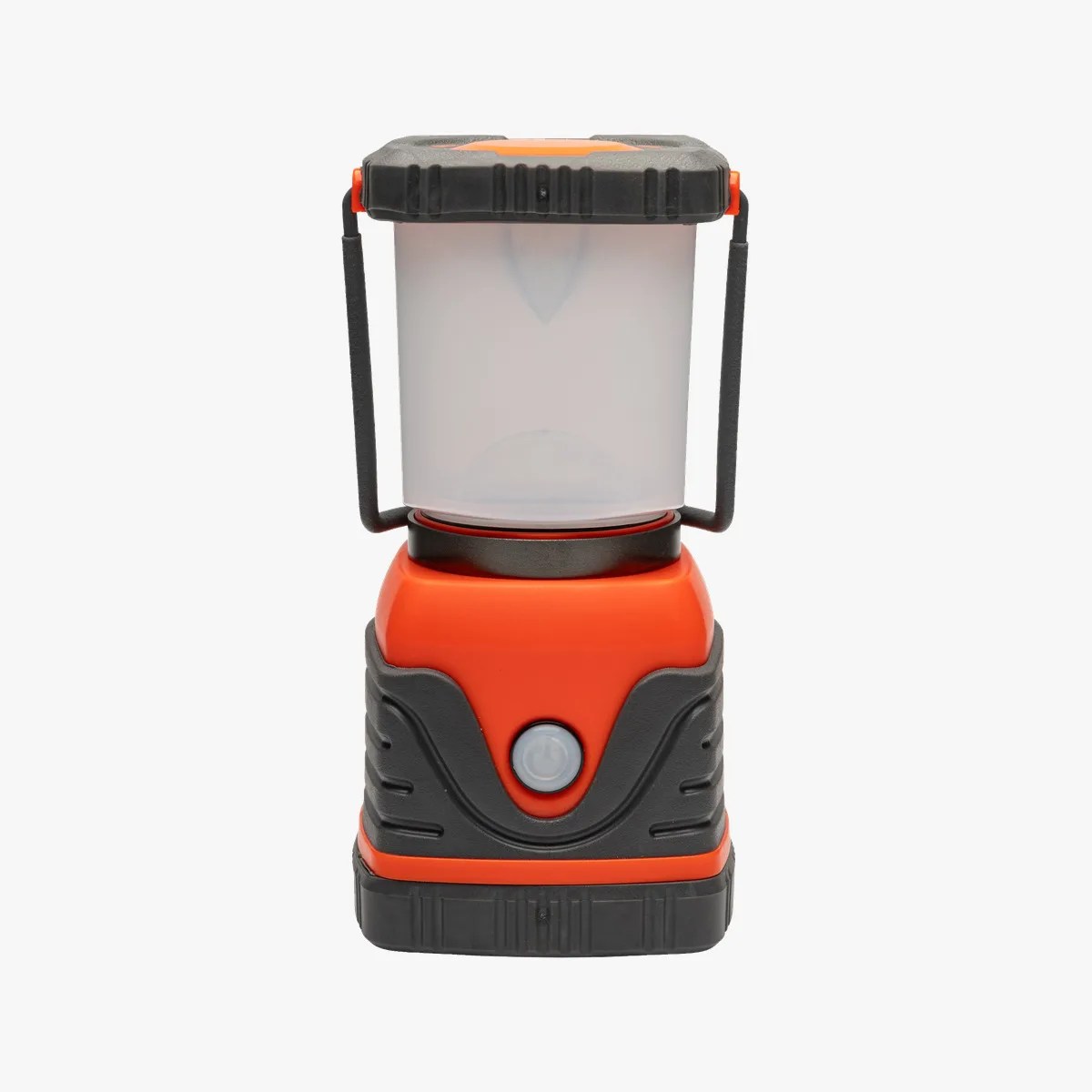 Orange and black portable camping lantern with a frosted light cover and a power button on the front.