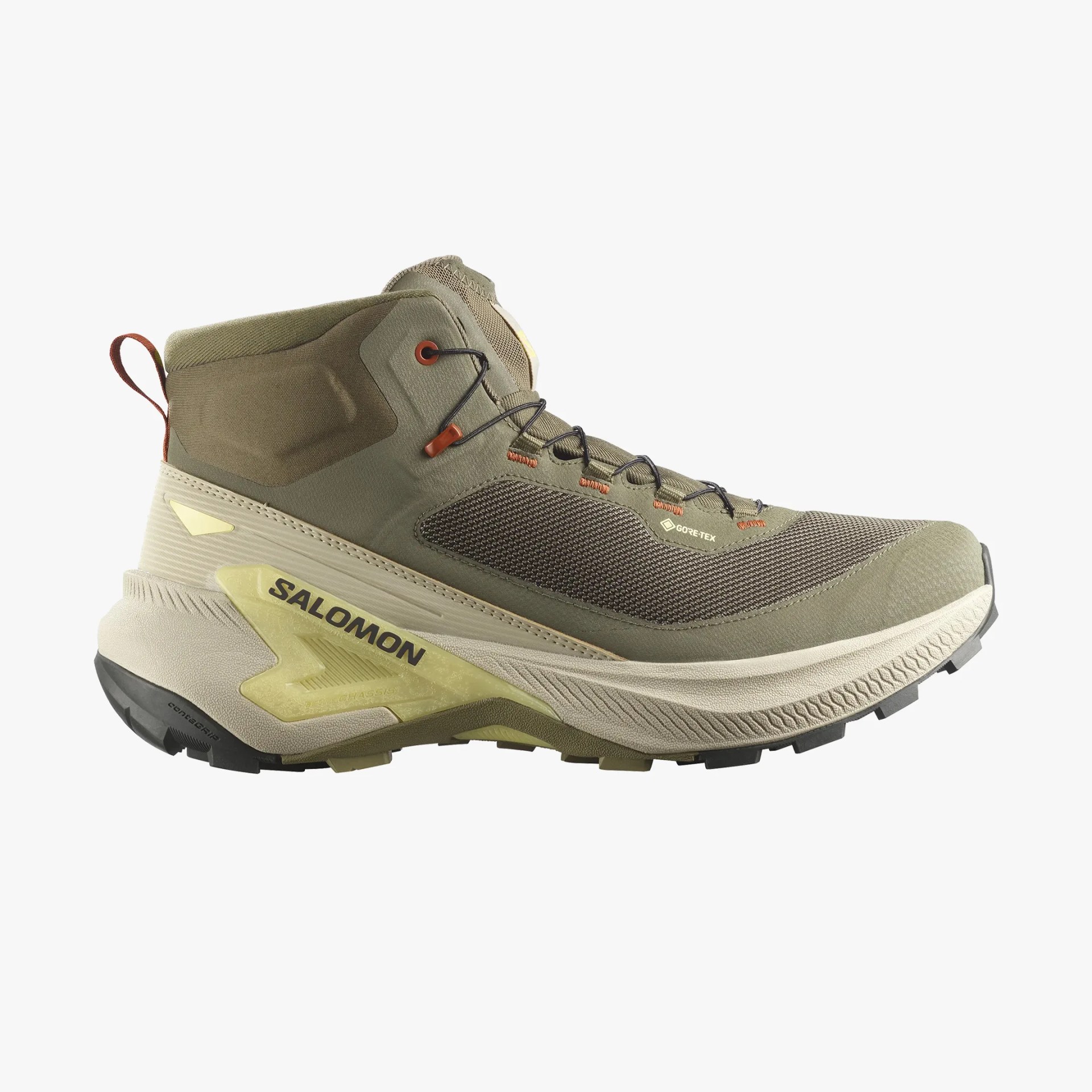Olive green Salomon hiking shoe with Gore-Tex mesh upper and beige sole.