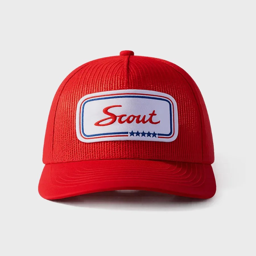 Red textured baseball cap with a white patch reading "Scout" in red script and five blue stars below.