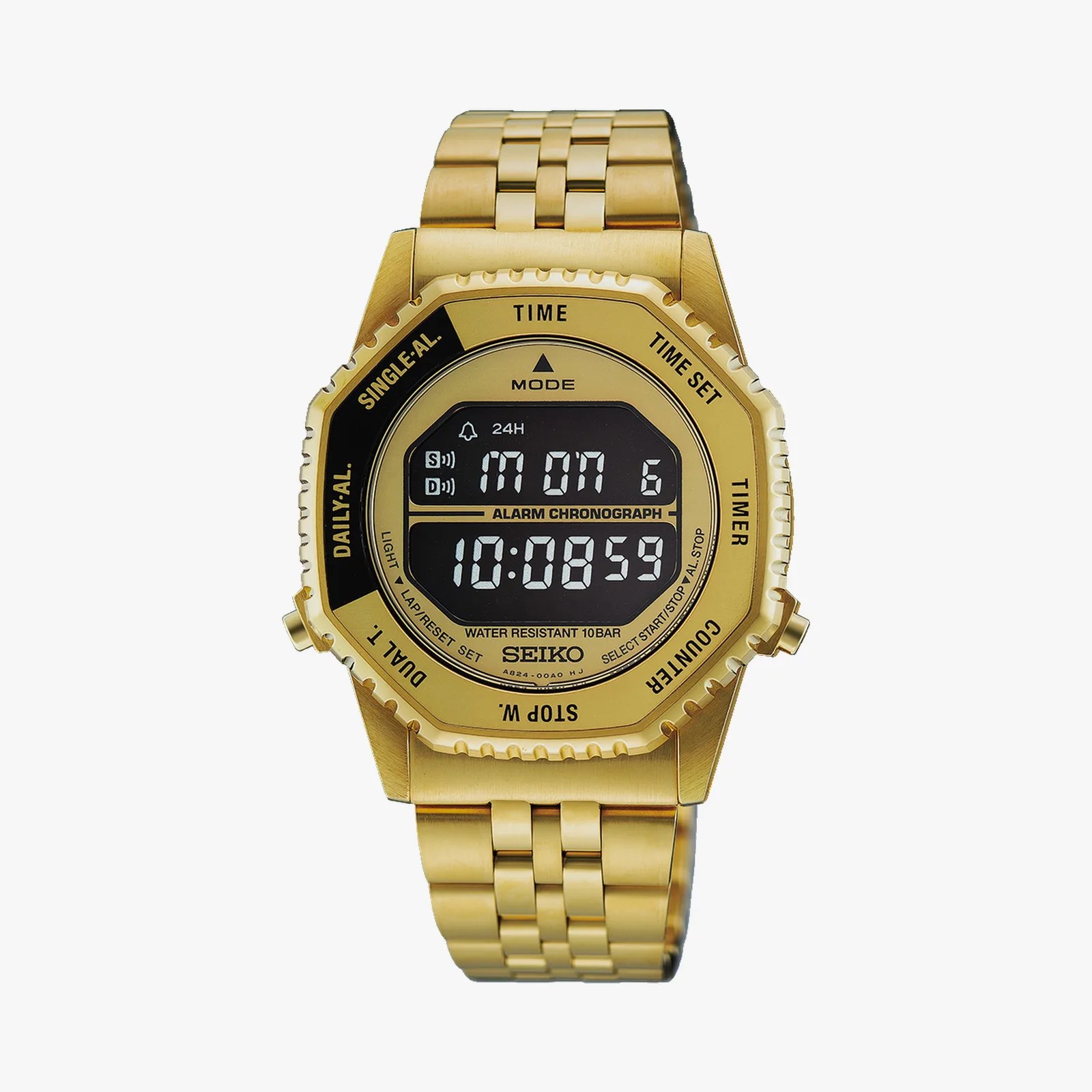 Gold Seiko digital watch with a rectangular face and metal link bracelet.