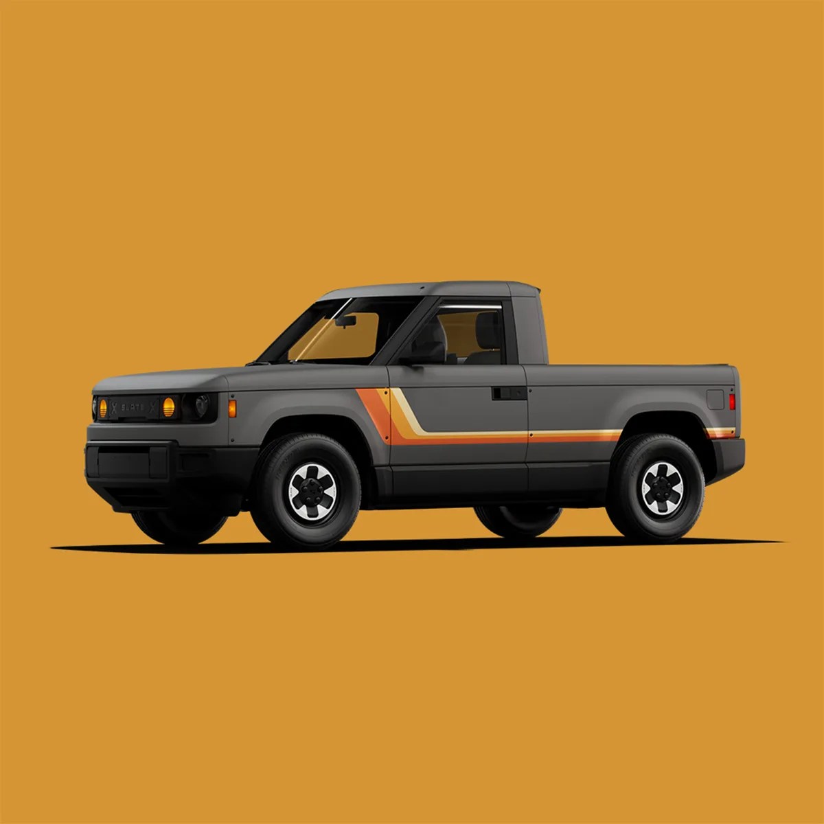 Gray electric pickup truck with orange and yellow side stripes on an orange background.