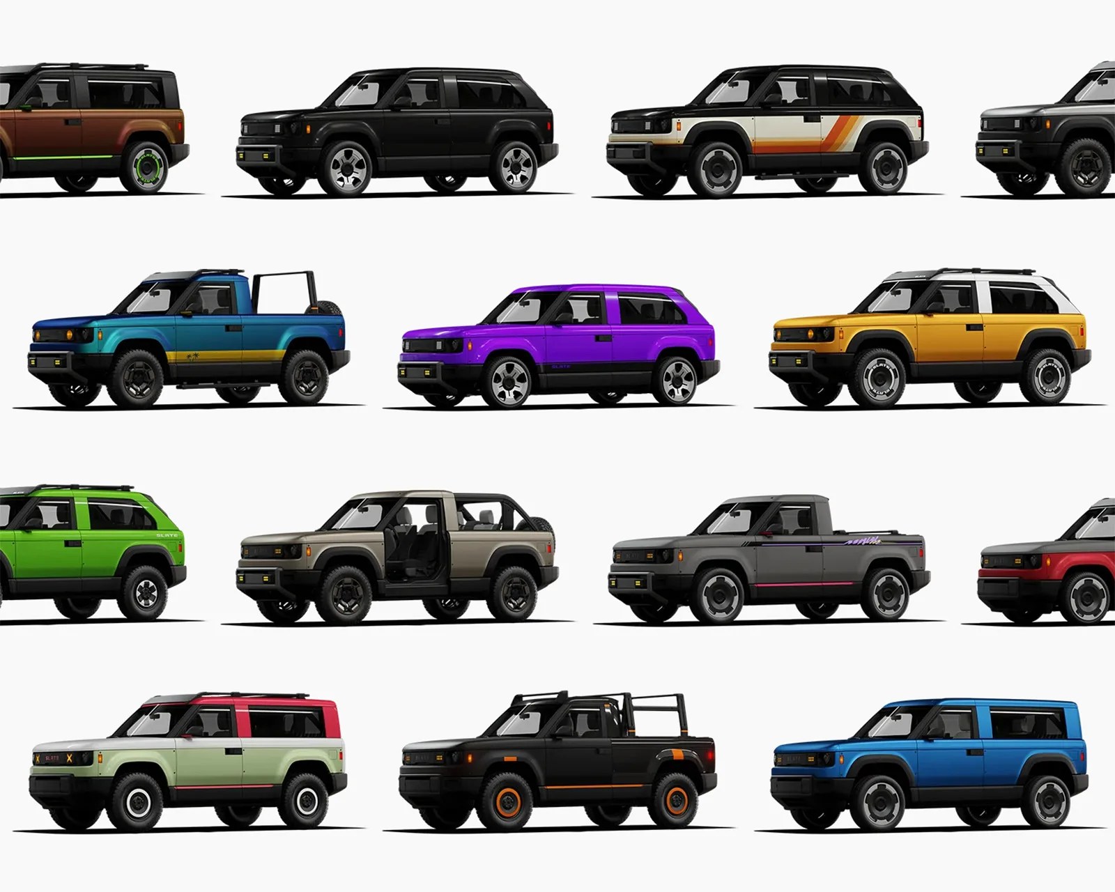Twelve electric SUVs and pickup trucks in various colors and designs, shown in side profile on a white background.