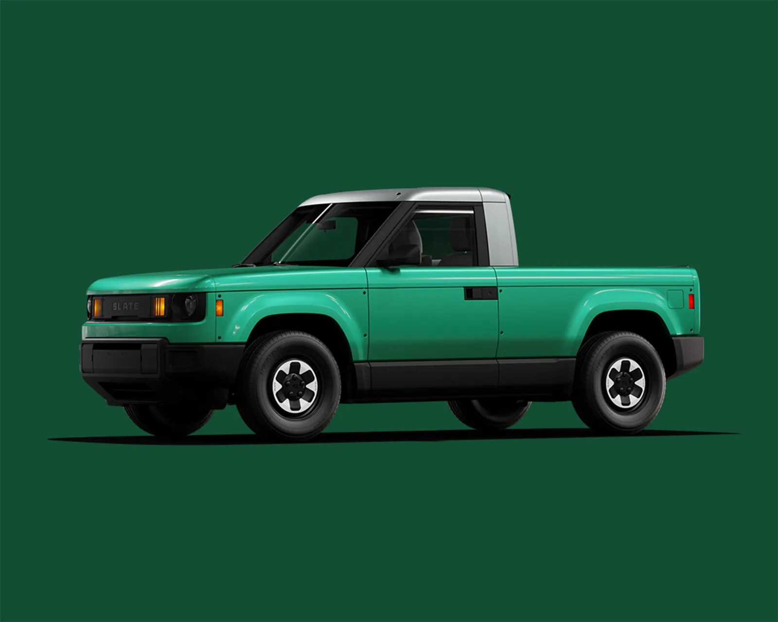 Green electric pickup truck with silver roof and black trim on a dark green background.