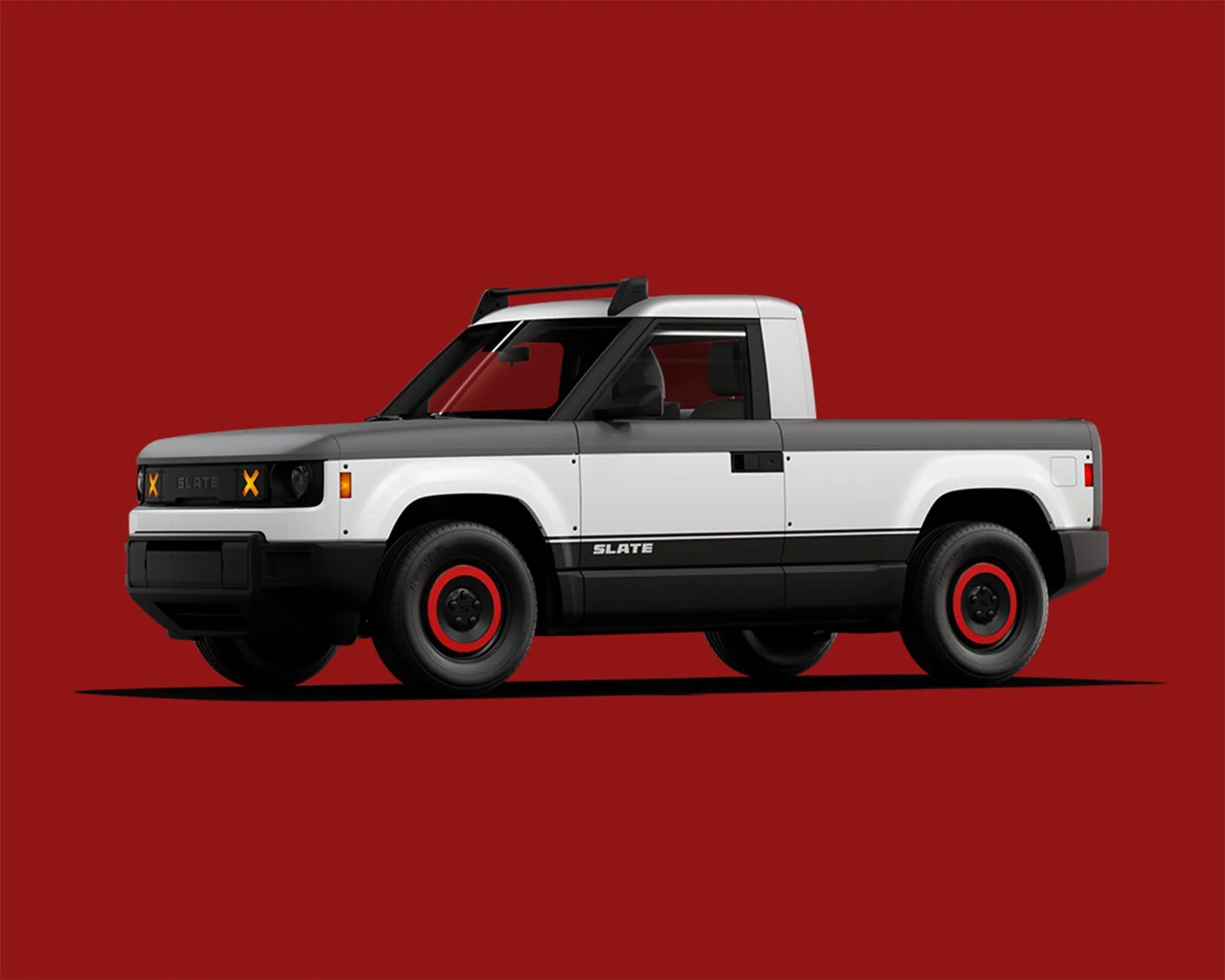 White and gray compact pickup truck with red-rimmed wheels and "SLATE" branding on the side, shown on a red background.